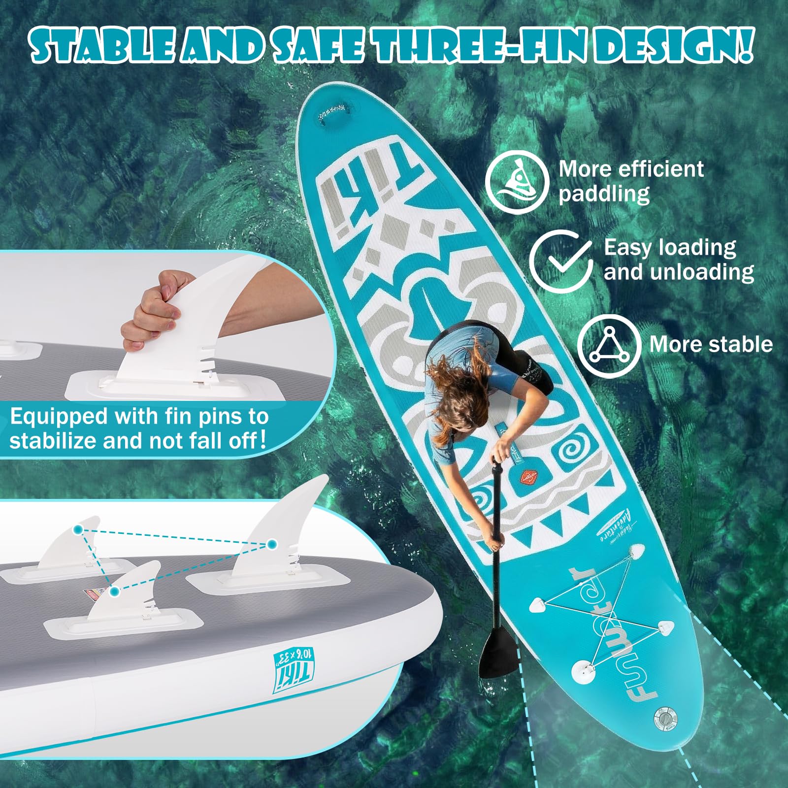 FunWater Nadmuchiwana deska surfingowa SUP, kompletny zestaw akcesoriów do paddleboardingu, regulowane wiosło, pompka, plecak podróżny, smycz, wodoszczelna torba, deska do wiosłowania dla dorosłych