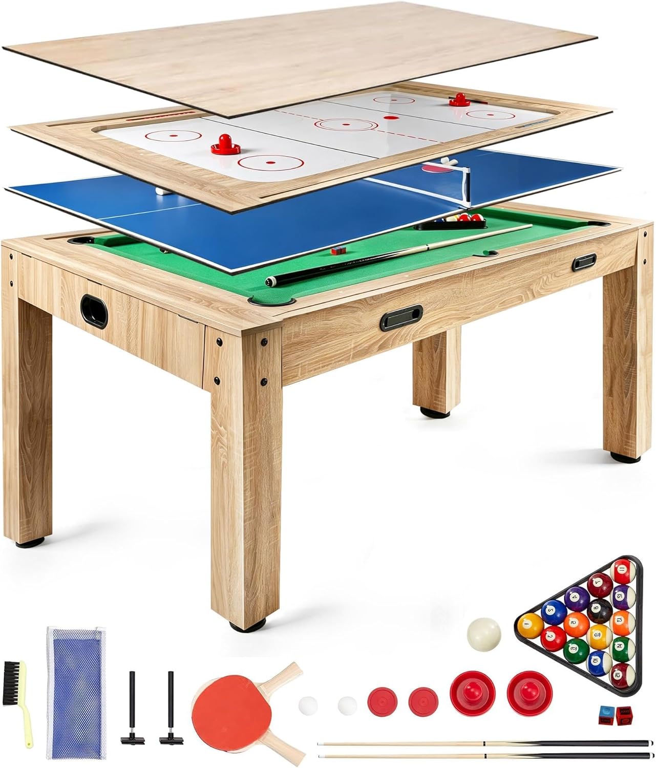 7FT 4-in-1 Multi Game Table, Combo Game Table with Billiards, Air Hockey, Ping Pong & Dining Table, Wood Game Room Table with All Accessories for Home, Family, Adults & Kids
