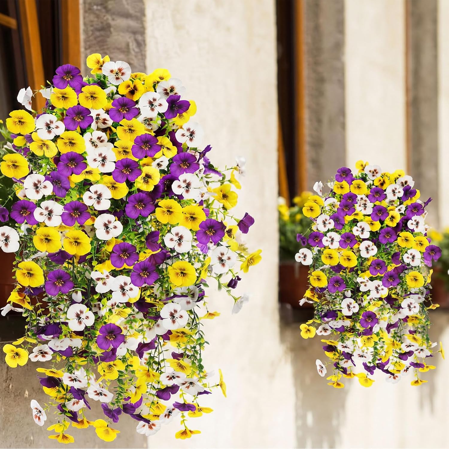 Giegxin 12 Pcs Artificial Hanging Pansy Flowers, 30 Inch Faux Pansies UV Resistant Plastic Hanging Plants for Outdoor Spring Summer Decor, Fake Flowers for Porch Patio Garden Window Home