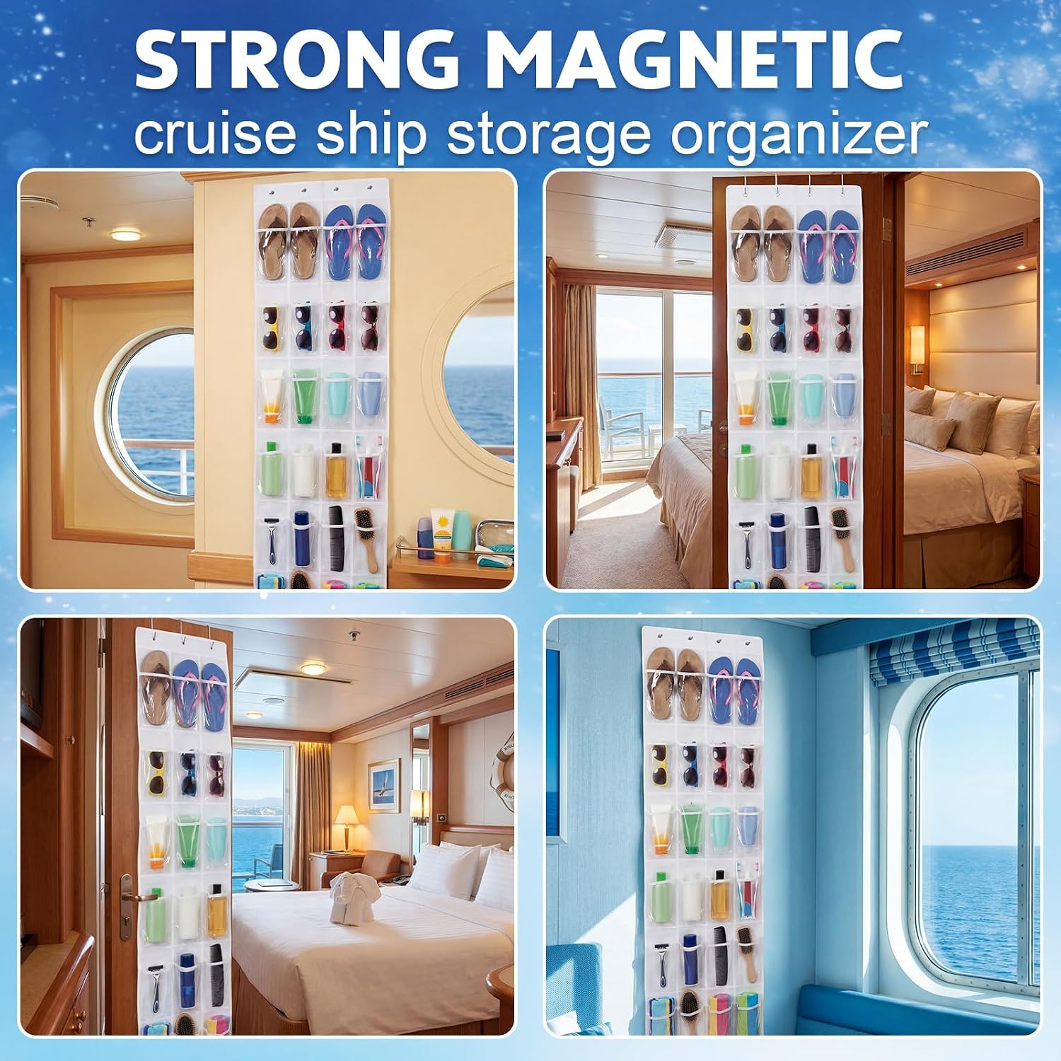 Watersay Cruise Essentials 2026, over The Door Cruise Ship Organizer, 24 Pocket Magnetic Door Hanging Organizers with 4 Hooks and 4 Strong Magnets for Ship Cabin Essentials & Must Haves