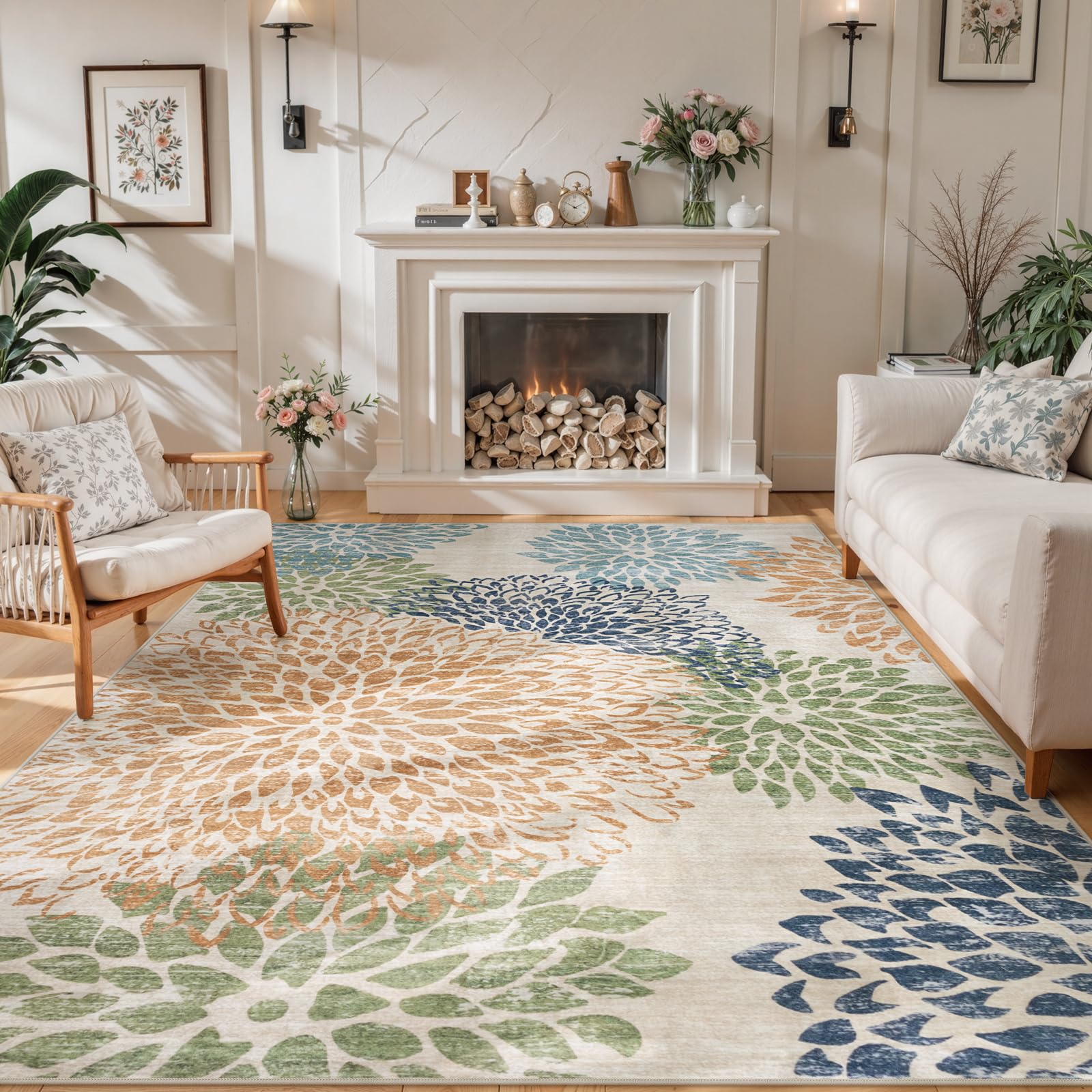 Hedlive Dahlia Floral Washable Rugs, 8x10 Area Rugs for Bedroom,Boho Multicolored Ultra Thin Living Room Rug,Large Fall Soft Non Shedding Throw Carpet