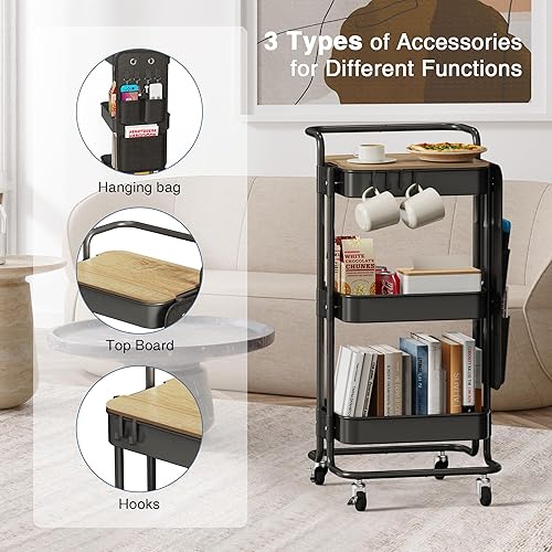 Miniatura 2 de DTK Carrito de metal de 3 niveles con mesa y bolsas laterales, bandeja organizadora de almacenamiento, 4 ganchos para cocina, baño, oficina, sala de