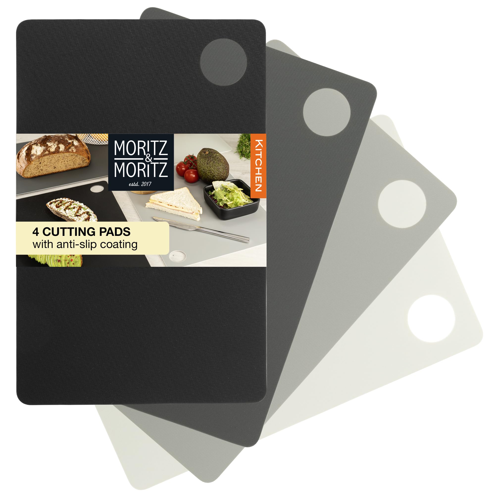 Moritz & Moritz 4X Kitchen Cutting Boards 29 x 19 cm - Chopping Boards for Kitchens - Coloured Chopping Boards Set - Anti-Slip Surface for Safe Cutting Grip Opening - Flexible Chopping mats