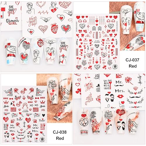 Miniatura 6 de Calcomanías de uñas para el día de San Valentín calcomanías de uñas 3D autoadhesivas metálicas negras rojas láser rosas labios letras inglesas amor