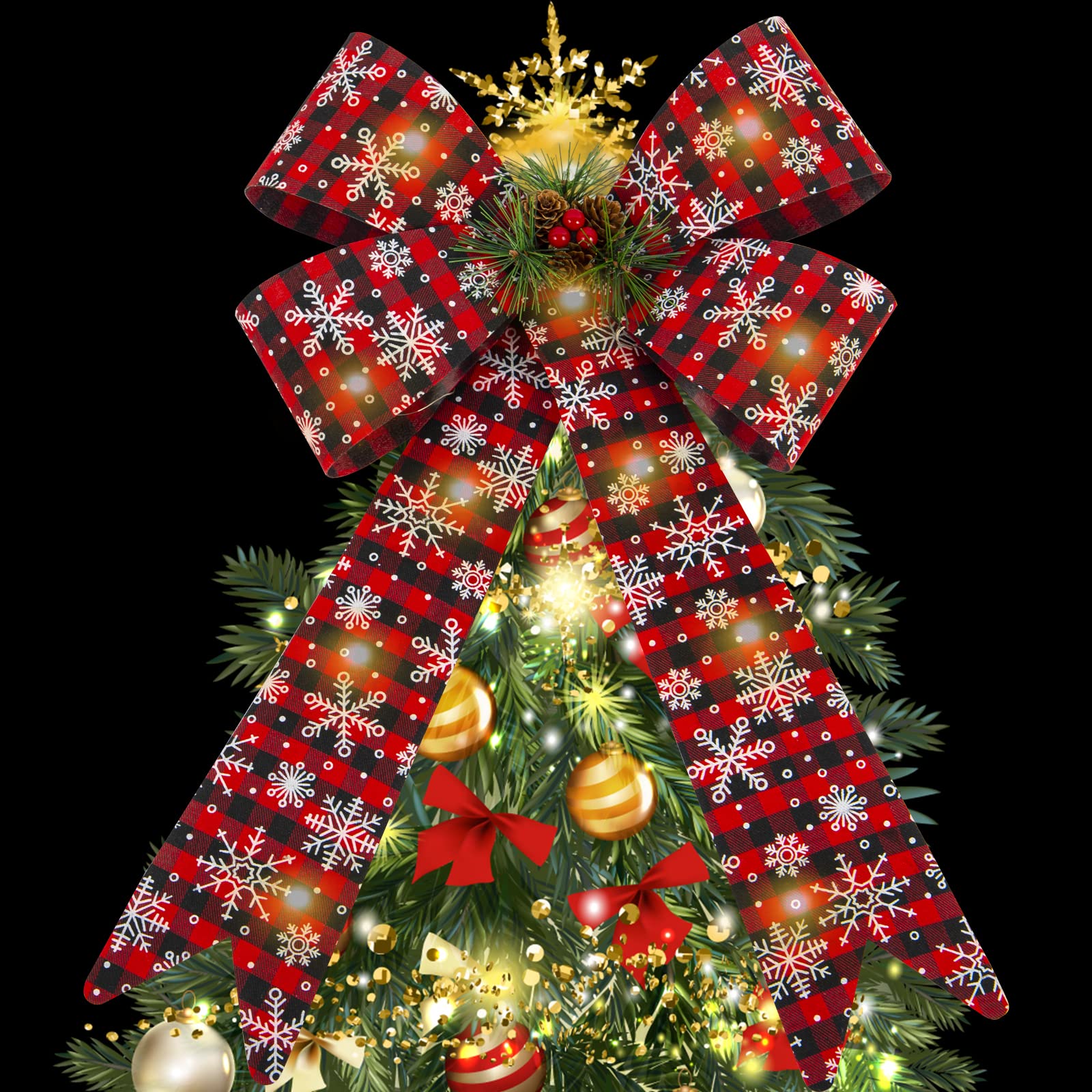 Photo 1 of **BUNDLE OF 2** Christmas Tree Topper Bow with LED Lights Timer Buffalo Plaid Decorative Bows for Xmax Tree Christmas Bows with Snowflake and Pine Cone for Wreath Door Wall Holiday Xmas Party Winter Decor (Red,Black)