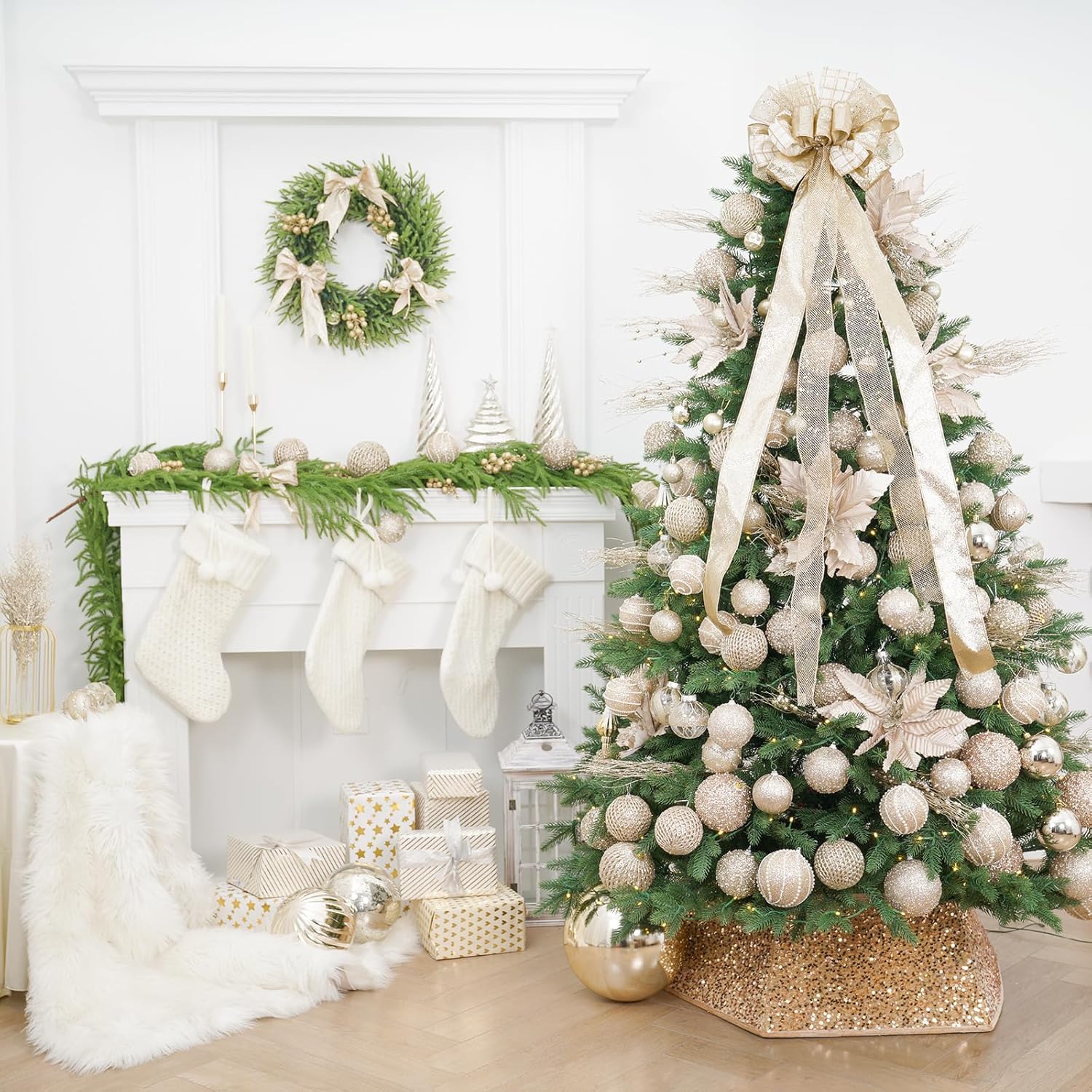 Christmas Tree Topper Bow 52x12“ Christmas Ornament with Glitter Satin Mesh Streamer,for Your Christmas Decor & Ornaments (Champagne Gold) - Image 4