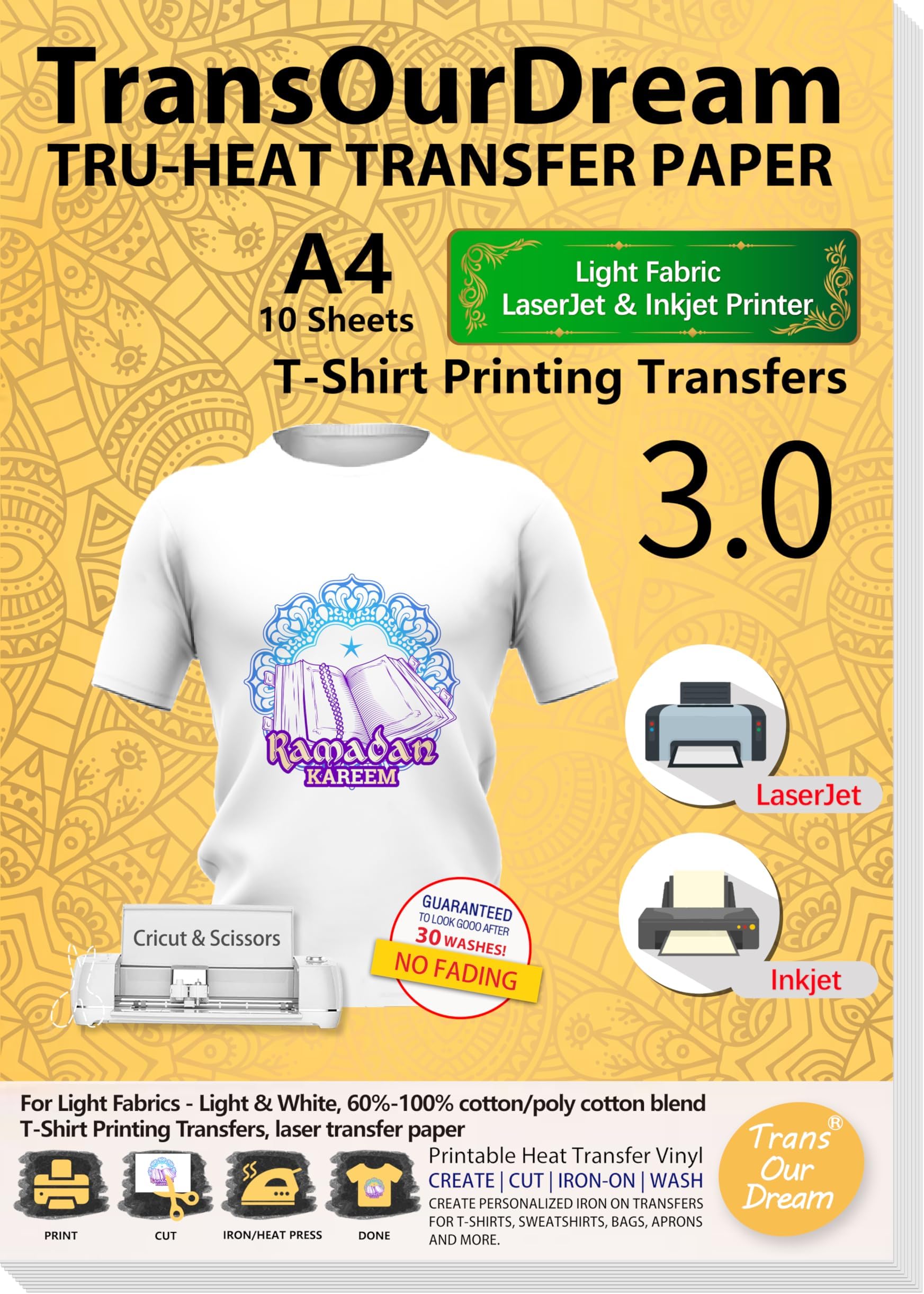 Iron on Heat Transfer Paper for Light T Shirts (10 Sheets, A4, Light 3.0) Printable HTV Heat Transfer Vinyl for Inkjet & Laserjet Printer Iron on Transfers for T Shirts (ARAB-L3-10)