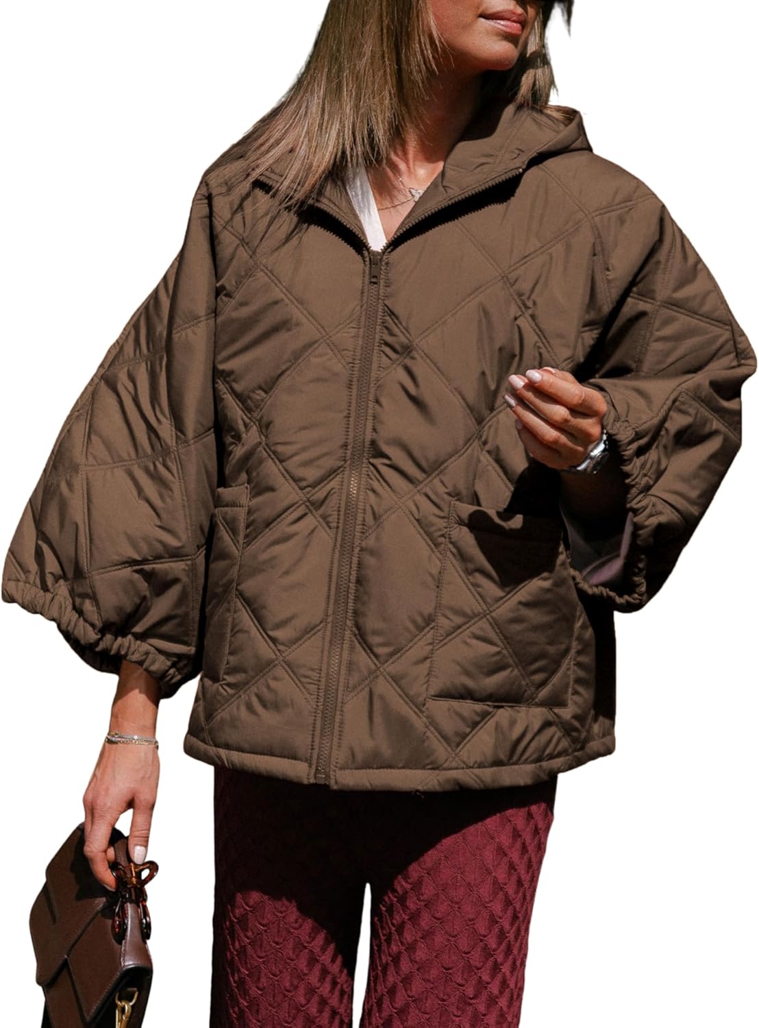 Fiona Jolin Quilted Jackets Women Short Sleeve Zip Up Hooded Puffer Jacket Short Down Coat with Pockets Lightweight