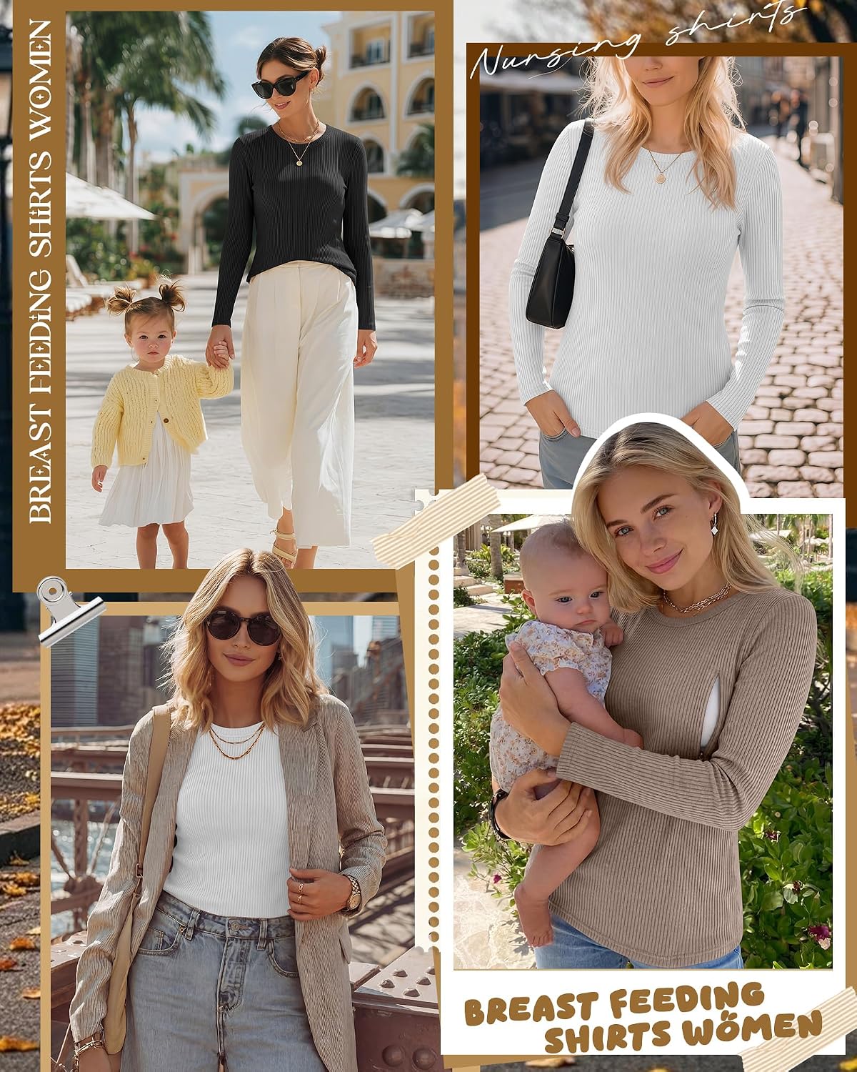 3 Pack Women's Nursing Shirts Ribbed Long Sleeve Breastfeeding Tops with Hidden Zipper Maternity Clothes