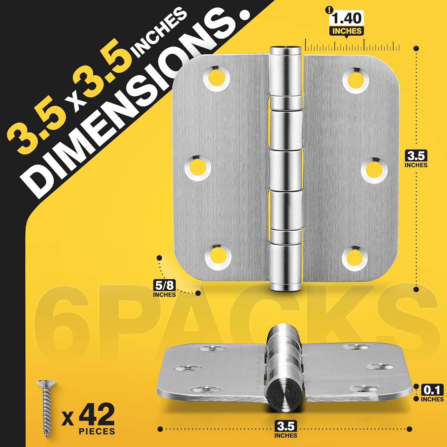 KOLET Ball Bearing Door Hinges, 3.5 Inches Heavy Duty Stainless Steel Door Hinges, 5/8'' Radius Corner Hinges, Smooth and Quiet, Non Removable Pin, Brushed Nickel, 6 Pack