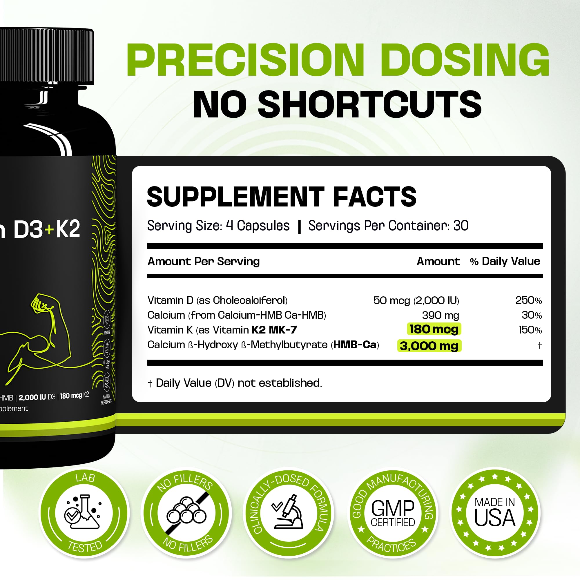 HMB 3000mg Supplement | Vitamin D3 K2 + Calcium | Muscle Recovery, Lean Muscle Support & Bone Health | Muscle Retention Support Supplement for Men & Women | Non-GMO | 120 Capsules — Amazon image 4