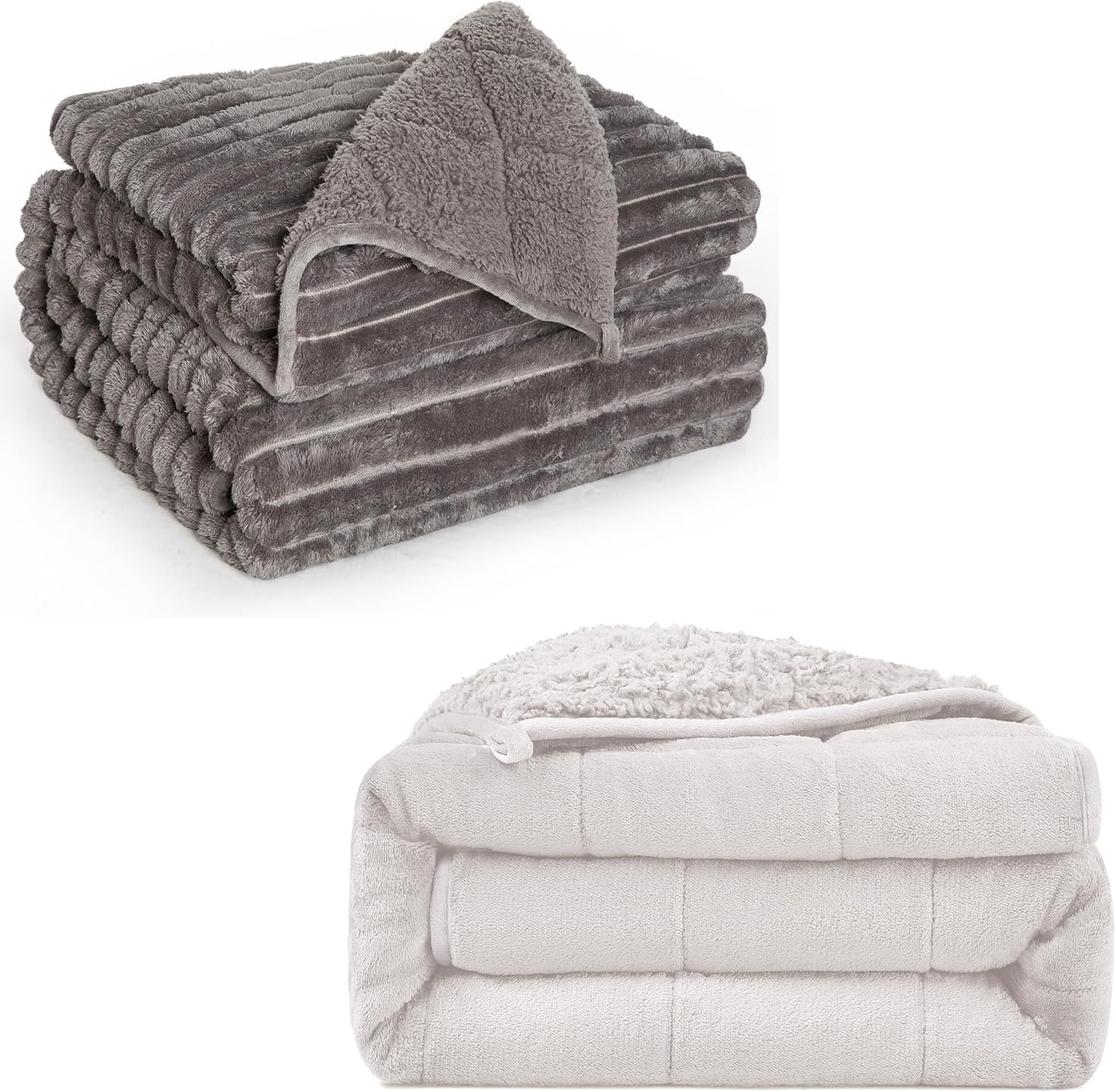 Sherpa Fleece Weighted Blanket Twin Size 48"x72" 12lbs(Grey) + Adult Weighted Blanket Twin Size 48"x72" 15lbs(Cream White)