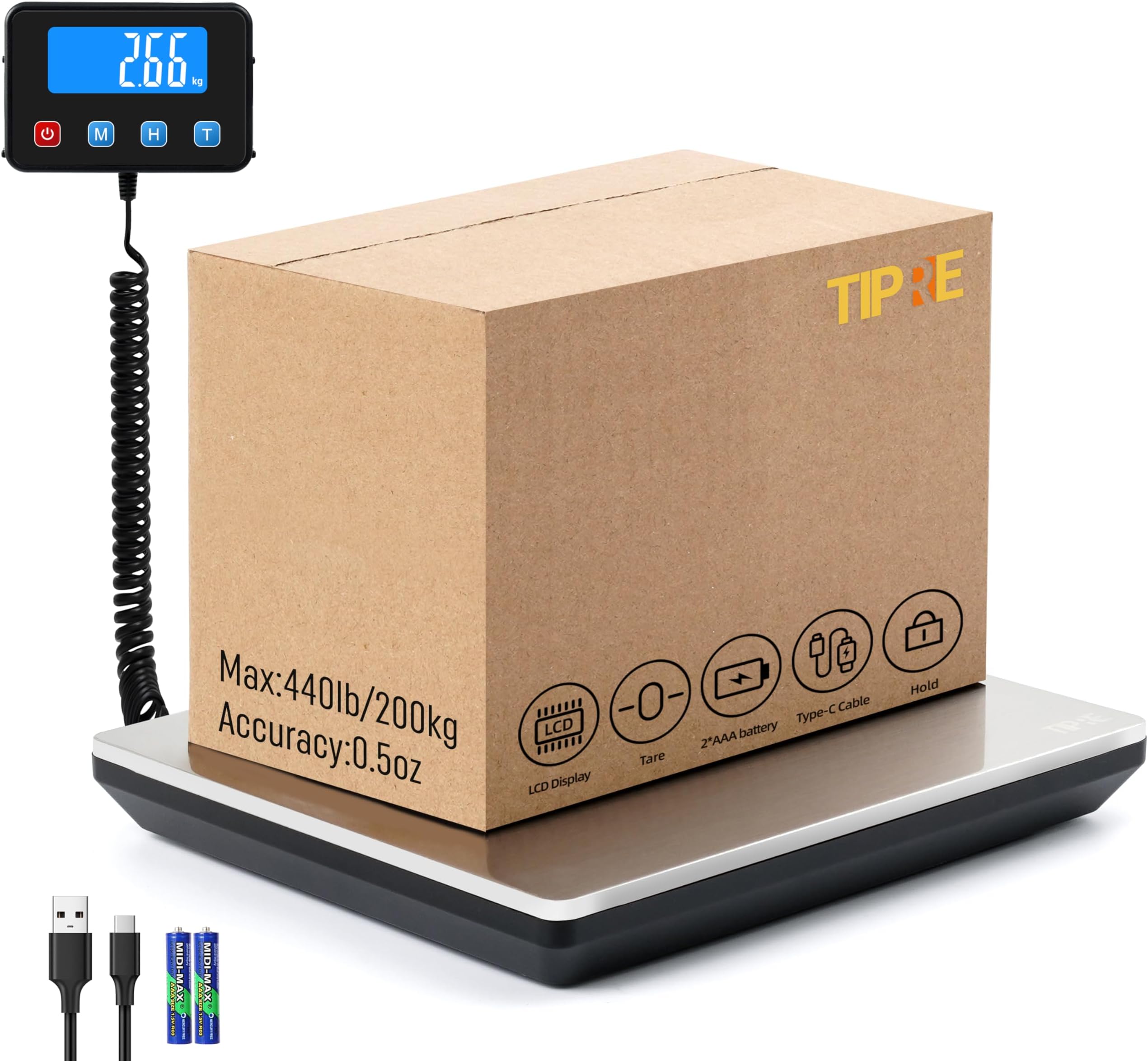 TIPRE Digital Shipping Postal Scale 0.5 oz High Accuracy! 440lb Commercial Weight Scale for Package, Small Business, Mail, Warehouse, Home, Dual Powering Source & Cable Provided