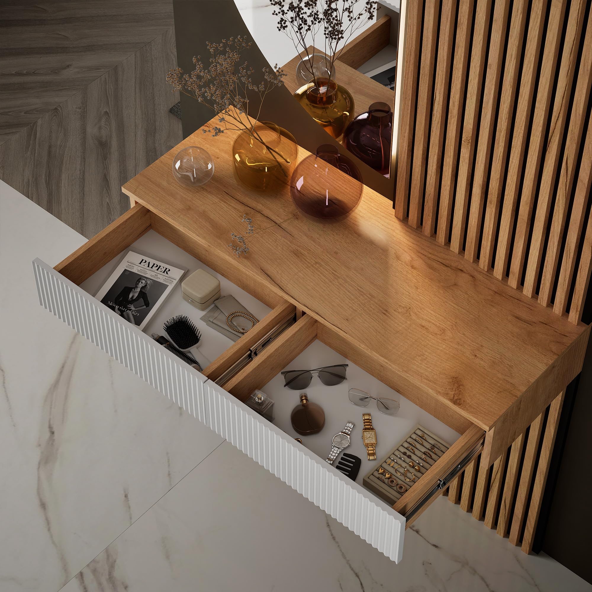 Planetmöbel Flurgarderobe Set Konsolentisch 100 cm inkl. Spiegel mit Beleuchtung halbrund 50 x 100 cm, 2X Akustikpaneele 120 x 50 cm, Flur Möbel modern, Gold Eiche/weiß