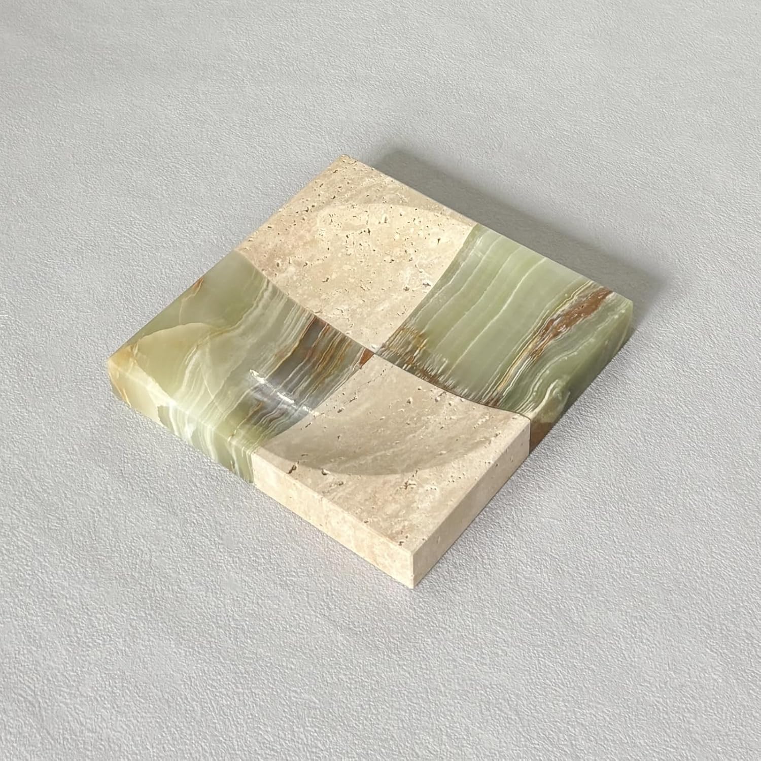 Square 5.9''x5.9''x0.8'' Vintage Small Plate Dish Natural Marble Jade Stone Storage Vanity Cosmetic Jewelry Organizer Trinket Tray (Travertine x Green Onyx)