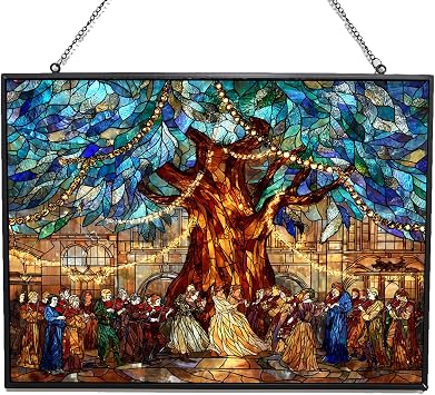 Personalized Rectangle Tiffany Santa Sleigh Over Christmas Town Stained Glass Window Hanging Suncatcher, Suncatcher Stained Glass Christmas Halloween