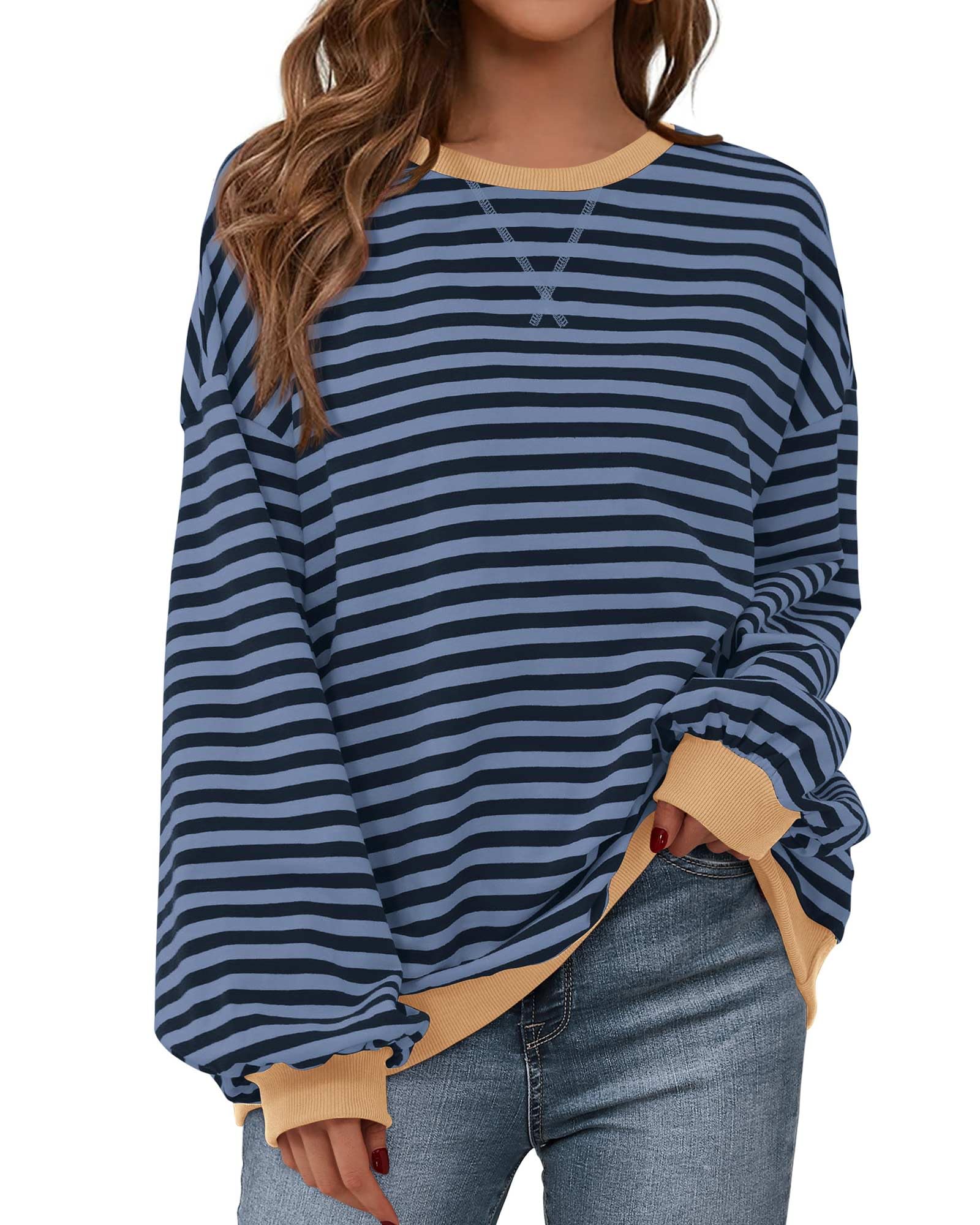 BTFBM Womens Oversized Striped Sweatshirt 2026 Spring Crewneck Long Sleeve Pullover Top Casual Y2K Clothes Workout Shirt