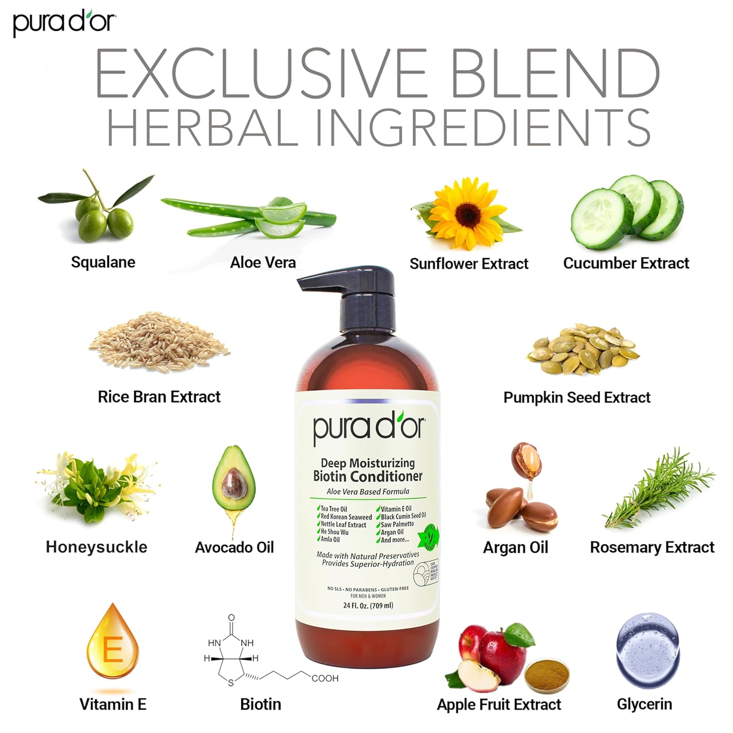 PURA D'OR Deep Moisturizing Biotin Conditioner Thickens, Softens, & Moisturizes Dry, Frizzy, Damaged Hair w/Argan Oil, Pumpkin, Rosemary, Honeysuckle, Vitamin E, Men & Women, 24oz - Image 2