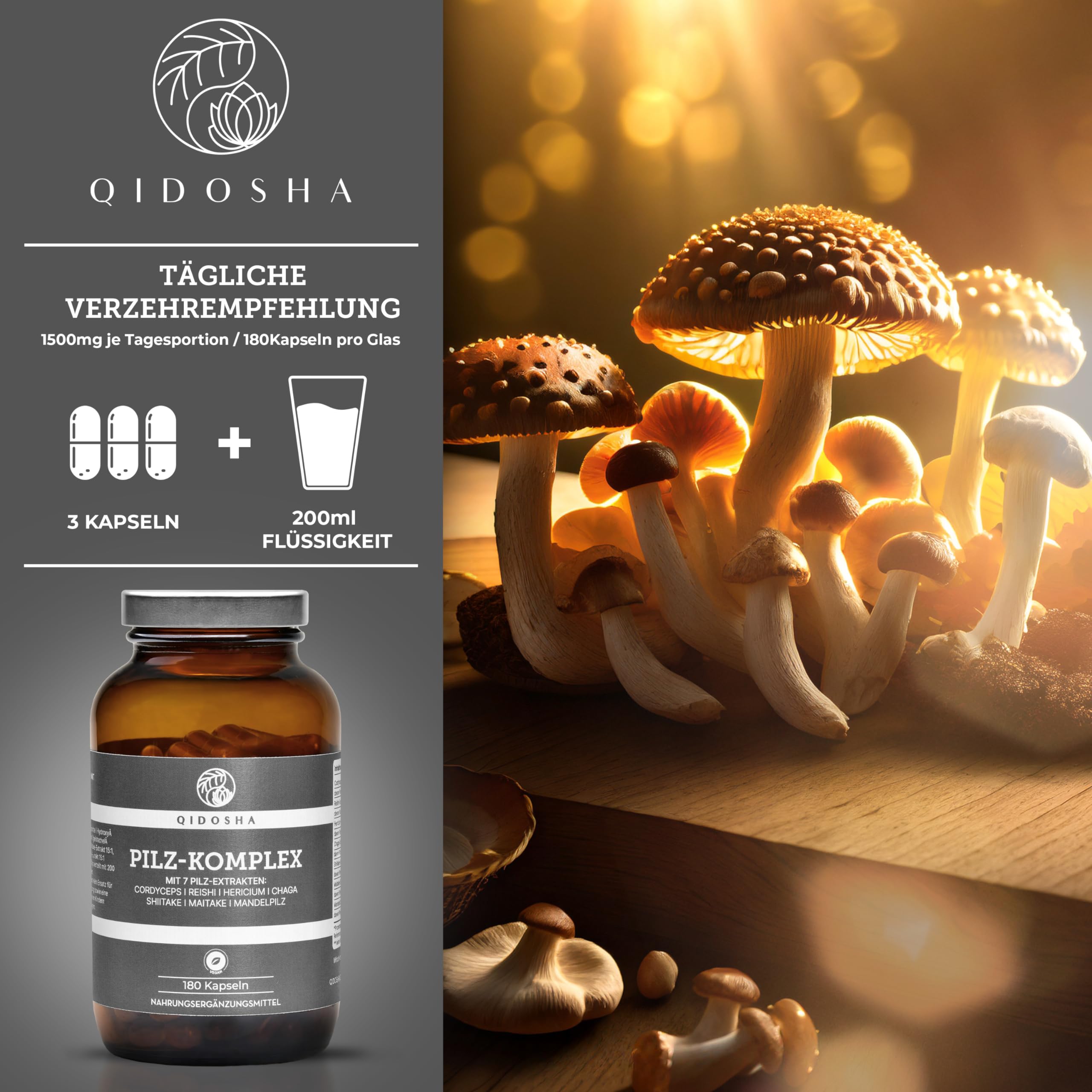 QIDOSHA® Pilz Komplex Kapseln, 180 Stk im Apothekerglas, hochreine Dual-Extrakte aus den 7 Vitalpilzen Cordyceps, Reishi, Hericium, Chaga, Maitake, Shiitake, Agaricus blazei (Mandelpilz), vegan