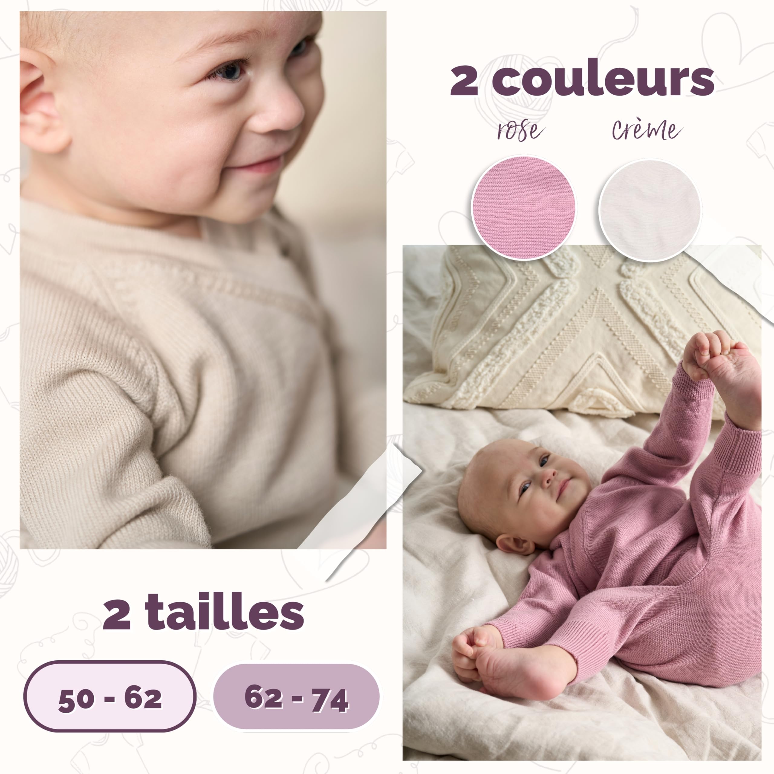 Livella Ensemble Bébé 100% Laine Mérinos - Pantalon & Cache-cœur Évolutif - Tailles 50-74 - Vieux Rose & Crème - Lavable en Machine