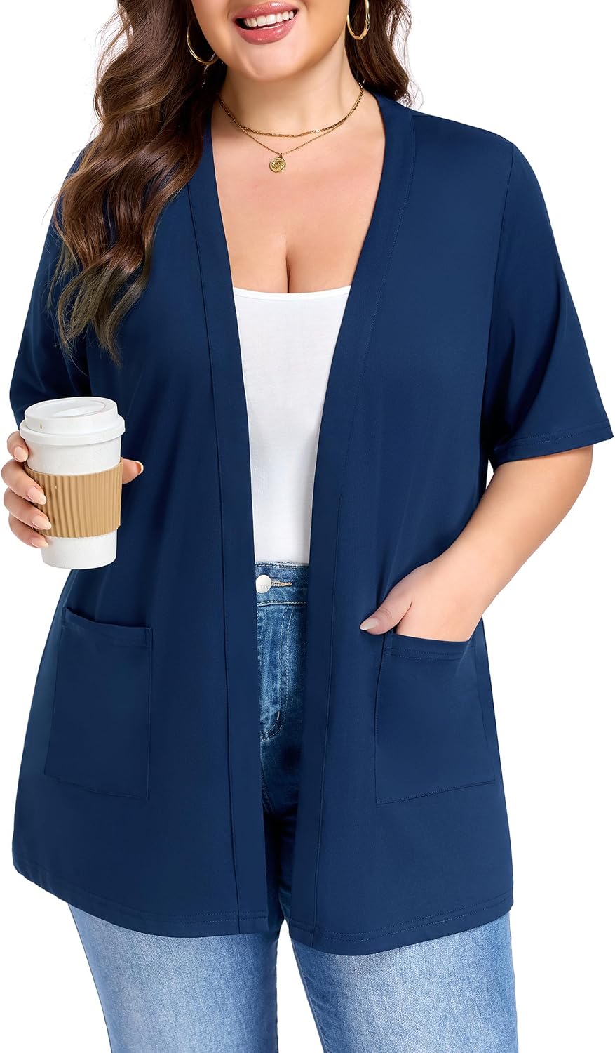 Actcat Plus Size Short Sleeve Cardigan for Womens Lightweight Casual Soft Open Front Cardigan Cover ups with Pockets