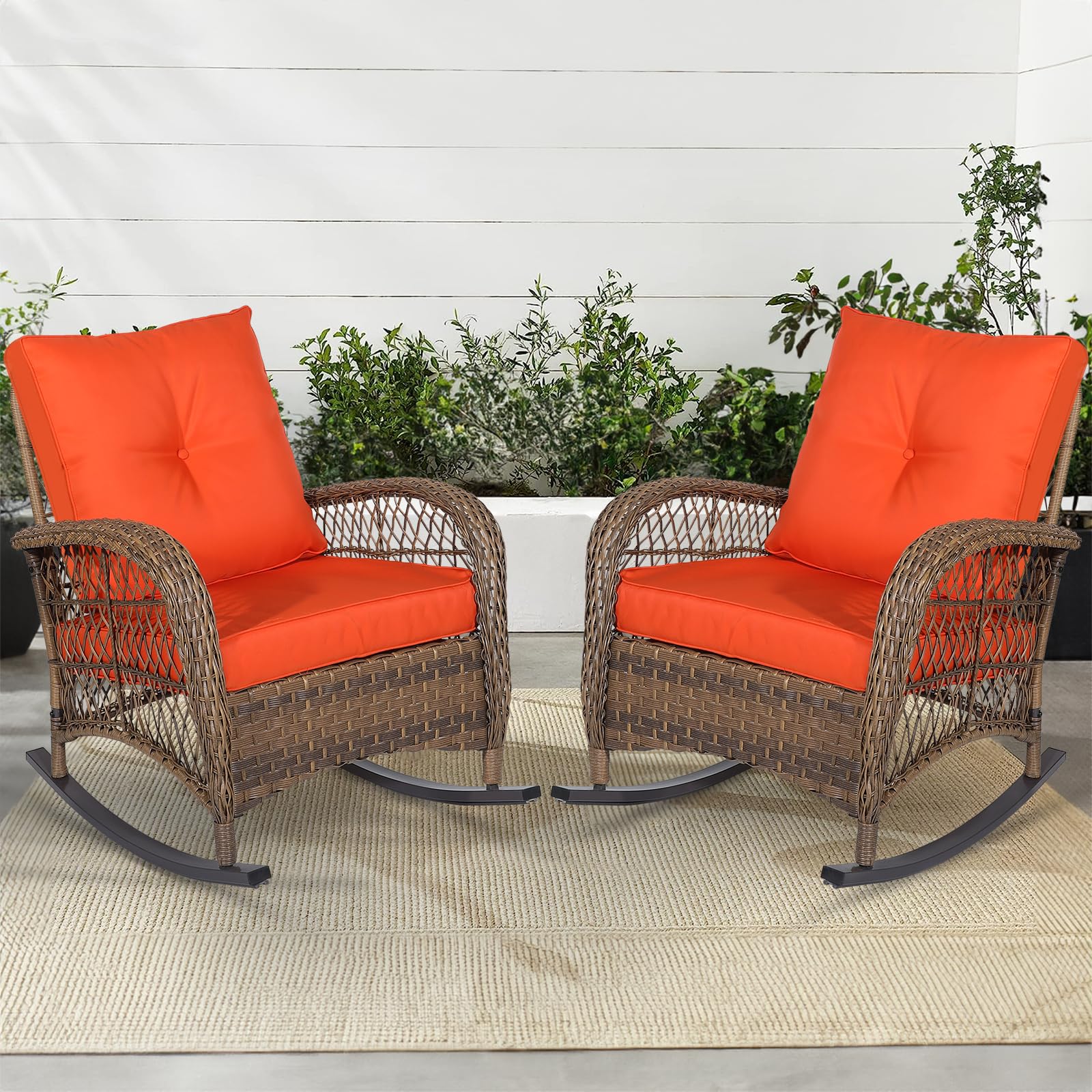 MEETWARM Outdoor Wicker Rocking Chairs Set of 2, Rattan Patio Rocker Chairs with Thick Cushions and High Back, All-Weather Patio Wicker Chair with