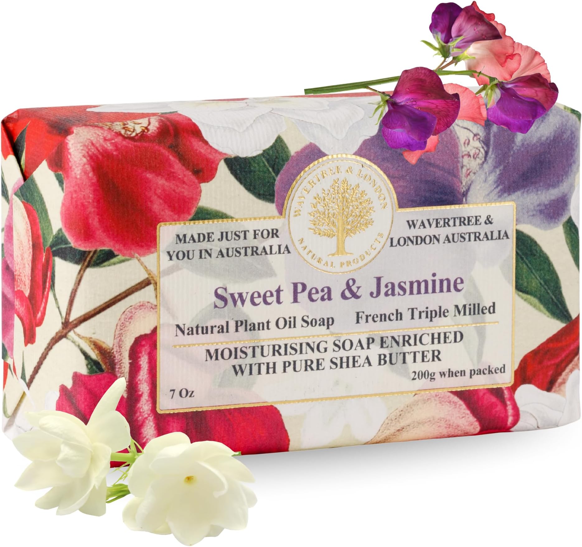 Wavertree & London Sweet Pea & Jasmine Scented Natural Soap Bar, 7oz Moisturizing French Triple Milled Soap Bar for Women & Men Enriched with Organic Shea Butter, Pure Bath & Body Soap (1 Bar)