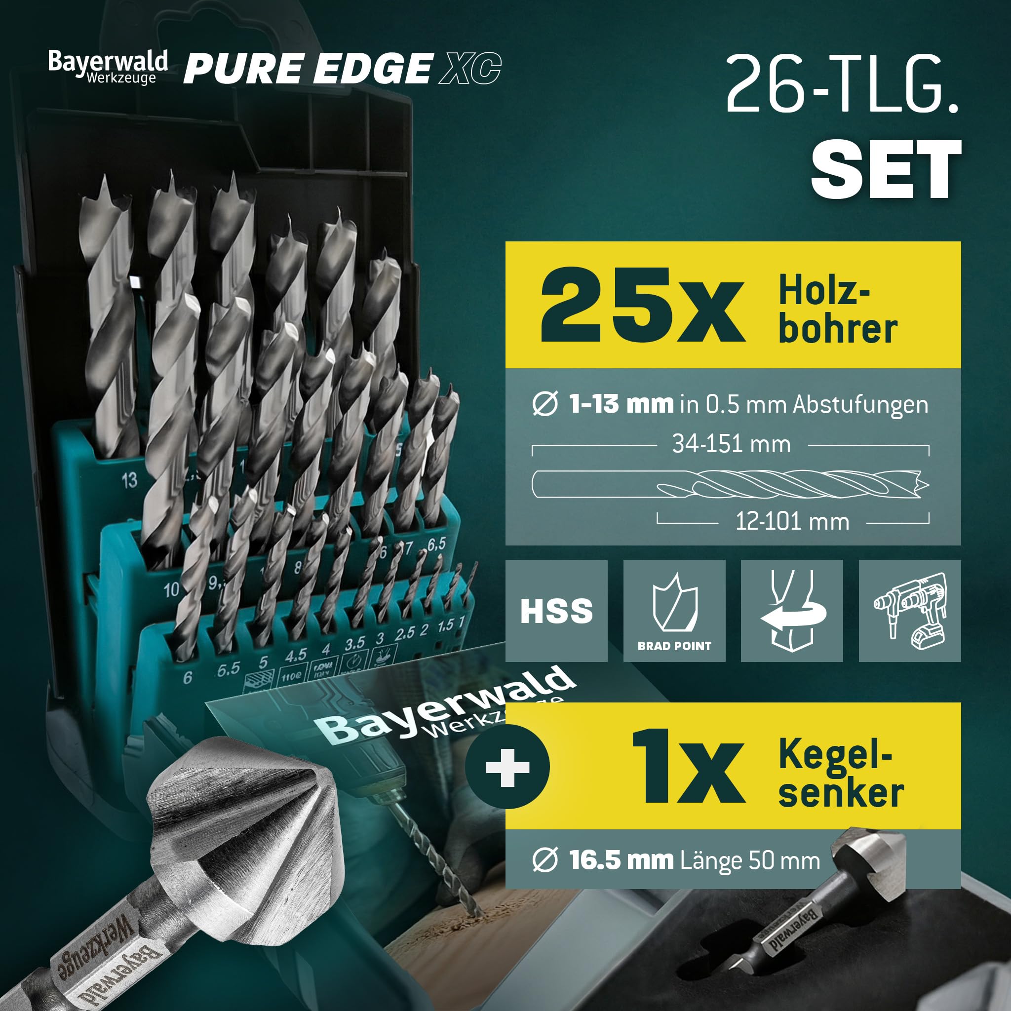Set di punte per trapano HSS Pure Edge XC, 26 pezzi, 1 – 13 mm Bayerwald Tools – Xtra Clean con punta di centraggio Brad Point & svasatore conico – fori senza schegge in legno morbido/duro e materiali