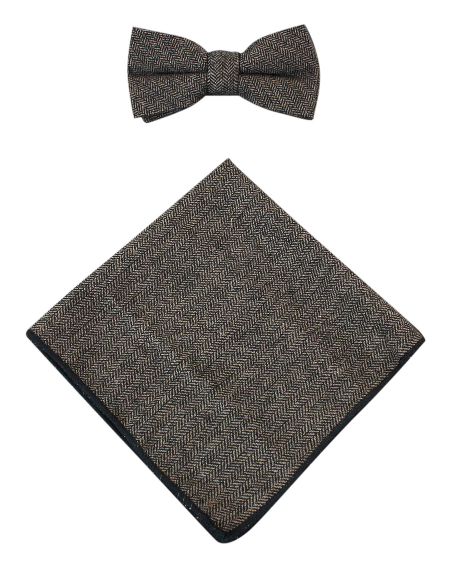 Mens Herringbone Tweed Check Bow Tie Hanky Retro Vintage Classic Peaky Blinders navy one-size