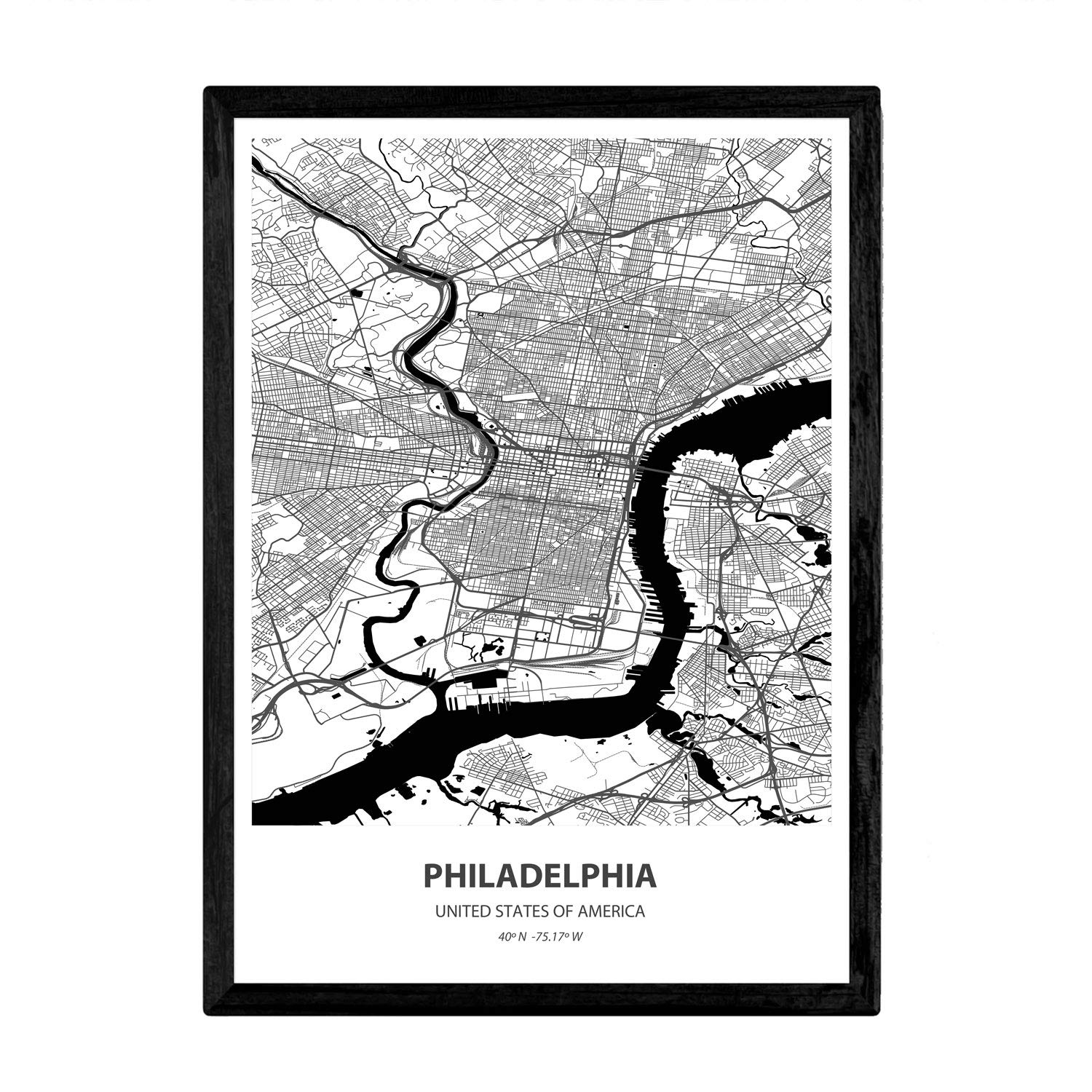 Nacnic Poster with map of Philadelphia - USA. Sheets US cities with seas and rivers in black color. A4 size