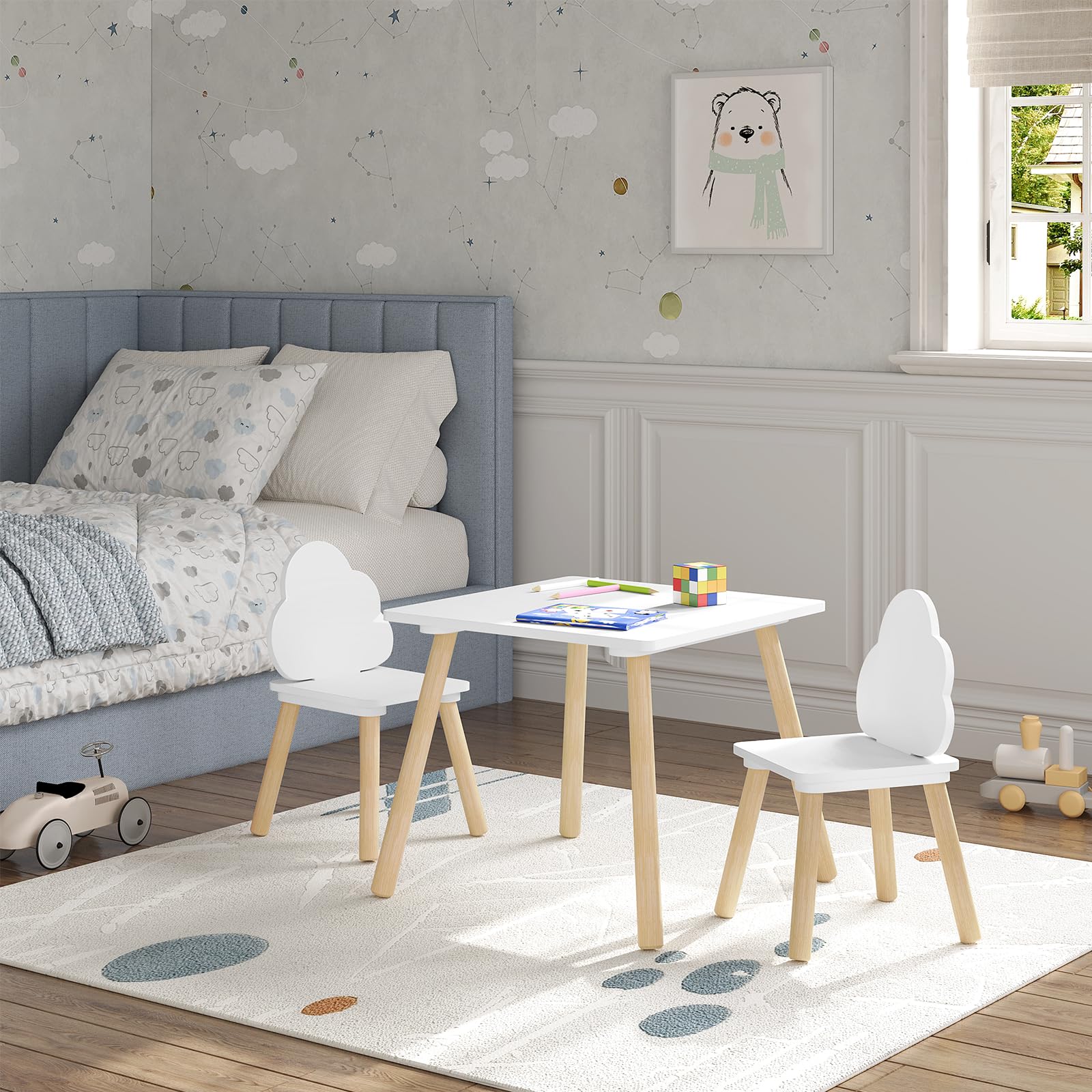 WOLTU Set di Tavolo e Sedie per Bambini a 3 Pezzi, Tavolino Bambini con Sedie Montessori, Tavolo in Legno e 2 Sedie, per Cameretta, Camera da Letto, Bianco