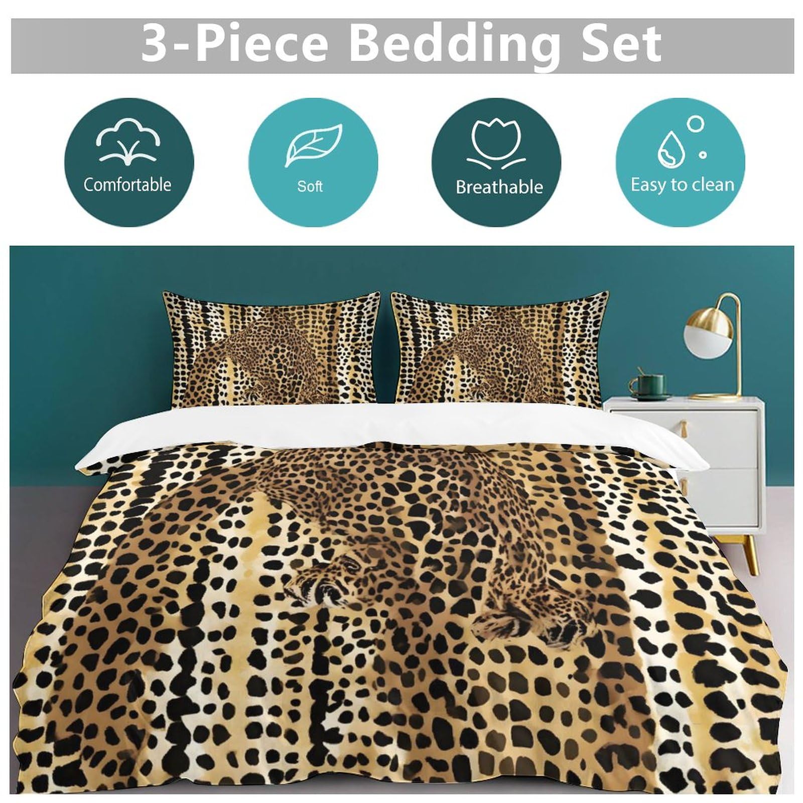Juego De Funda De Edredón Reversible Gris Oscuro Con Estampado Leopardo - 150x220 Cm, Incluye 2 Fundas De Almohada