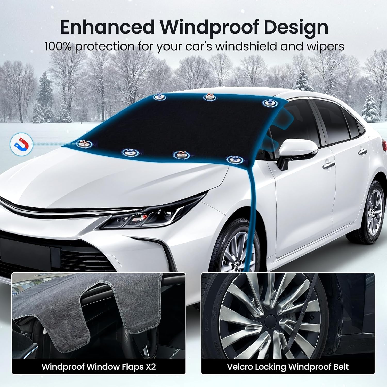 REEVAA Car Windshield Cover for Ice & Snow [All-Weather Protection] Magnetic Fit Weatherproof Frost Cover, Car Winter Accessories, Fit for Large Trucks/SUVs, MPV - XL (70''x54'')