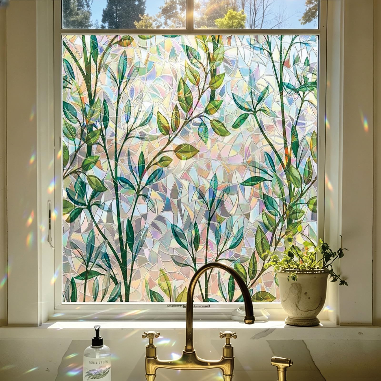Rainbow Window Film 85 x 210 cm Blocks UV Static Cling No Glue Removable Heat Cotrol, Privacy Protection, Frosted Privacy Sticker No Glue Glass for Home, Leaves