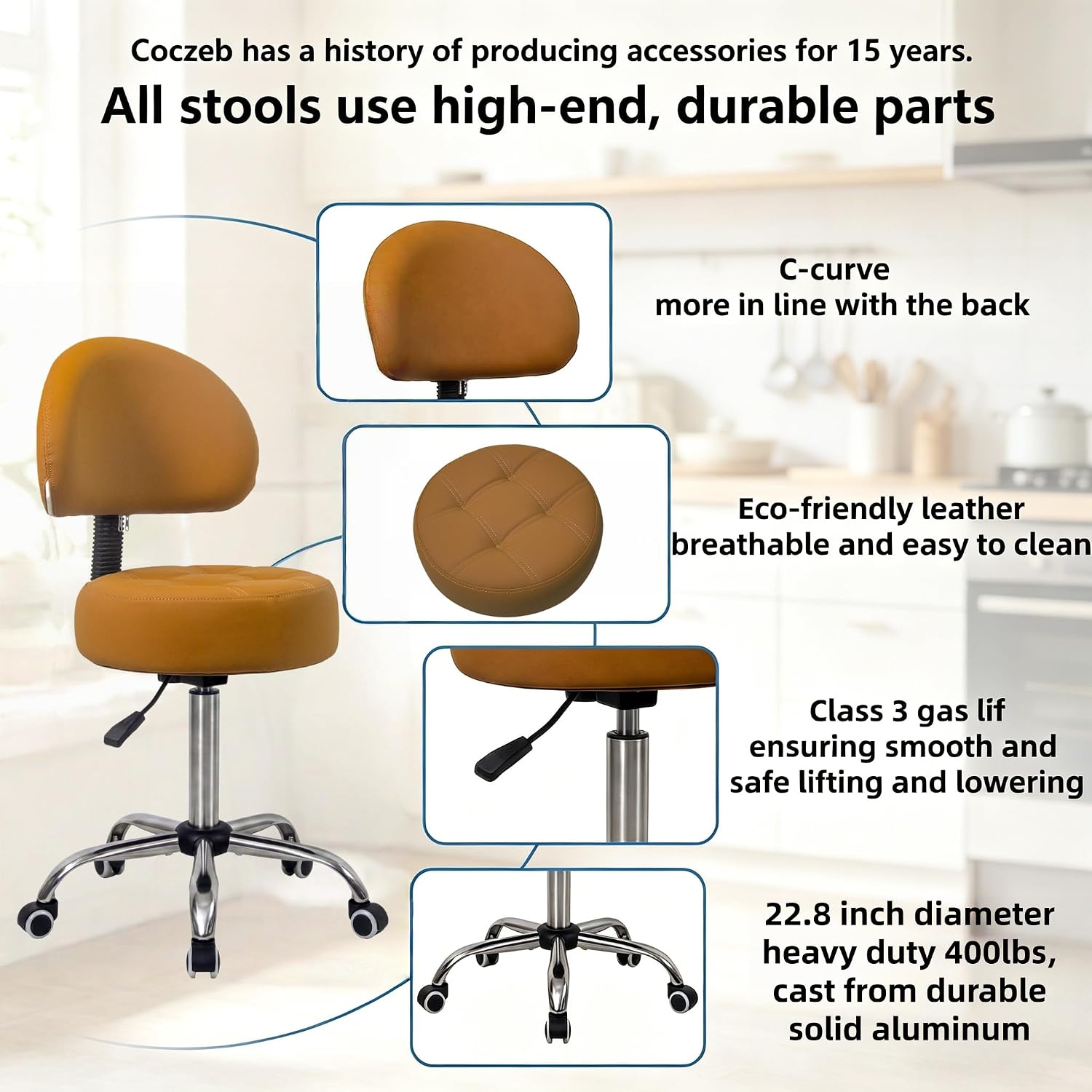 Rolling Stool with Backrest&Wheels, Camel | Height Adjustable, Swivel, With Back Support, Multi-Purpose for Salon Office Spa Bar Kitchen