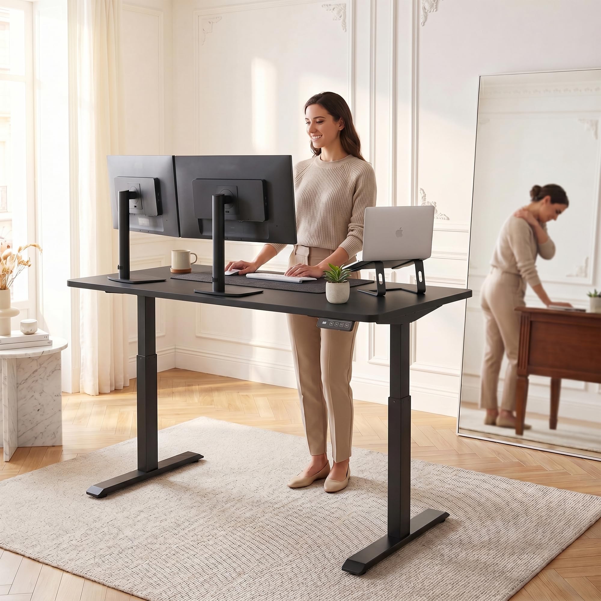 JUMMICO Höhenverstellbarer Schreibtisch 140x60cm, Elektrischer Schreibtisch mit 2 Speicherplätzen, Standing Desk mit 2 Memory Funktion Computertisch mit Kabeldurchführung und Haken, Schwarz