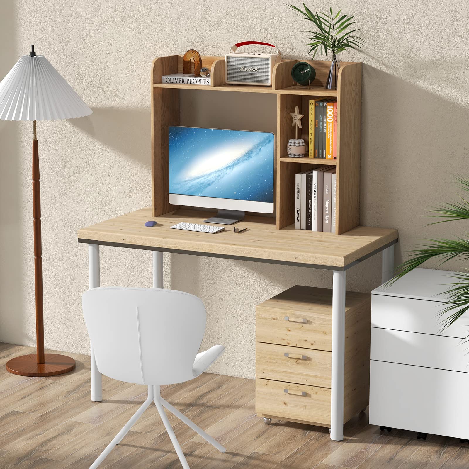 HOMASIS Étagère Bibliothèque de Bureau, Meuble de Rangement avec 4 Etagères et Compartiment Ouvert, en Panneau de Bois avec Dispositif Anti-basculement et Base Antidérapante, 94 x 25 x 74 cm (Brun)