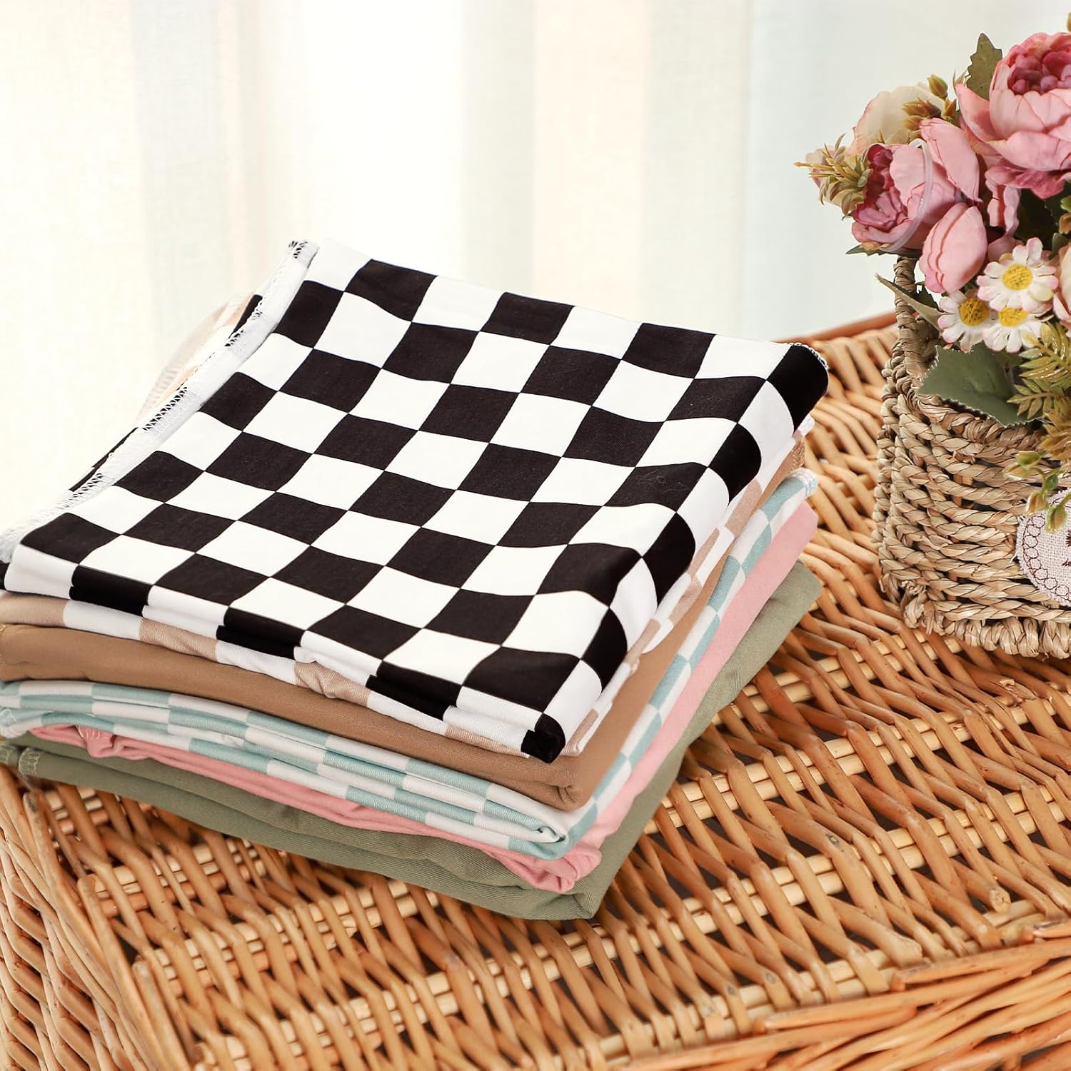 TANOFAR 4-Pack Newborn Swaddle Blanket for Baby Girls & Boys, Ultra Soft Receiving Blankets with Matching Headband and Beanie Set Baby Nursery Swaddle Wrap, Green Checkerboard - Image 6