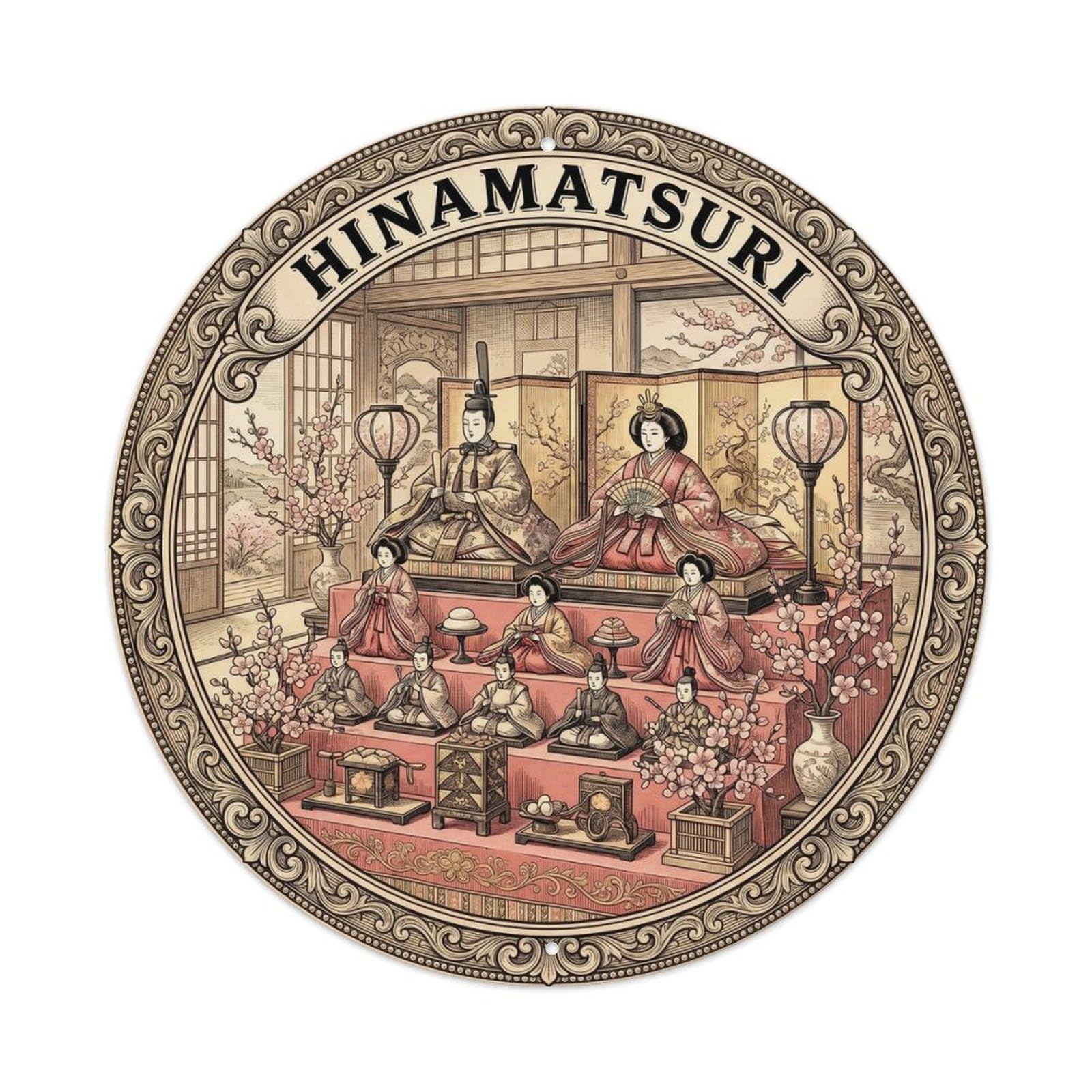 Olyhtr 8X8inch Classic Style Hinamatsuri Doll Festival Meiji Engraving Pink Gold Metal Tin Sign