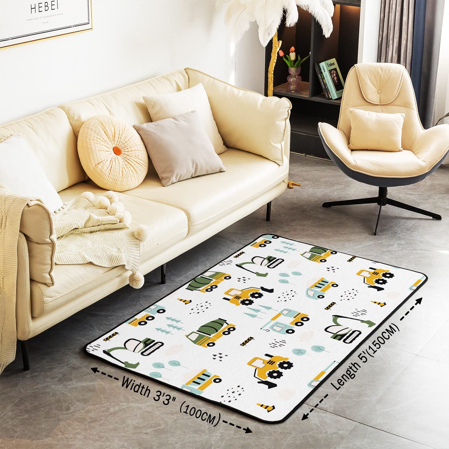 Homemissing Equipement Trucks Decorative Tapis de Salon, Chambre Salon Dessin animé Voiture carré Tapis d'extérieur, Tapis décoratif Architectural Jaune Bleu Vert, 100x150cm