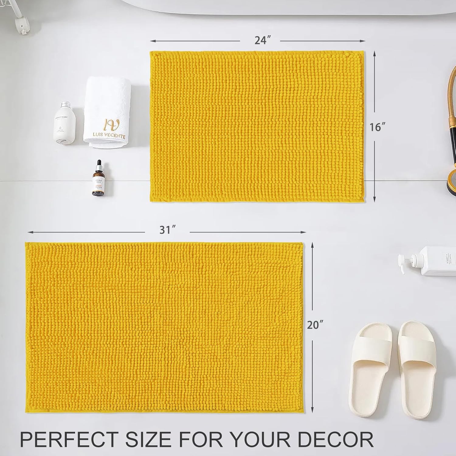Civkor Bath Mats for Bathroom Yellow, Bathroom Rugs Sets 2 Piece Chenille 31x20 Plus 24x16 Inch, Machine Washable, Non Slip Backing Extra Soft and Absorbent Floor Mats