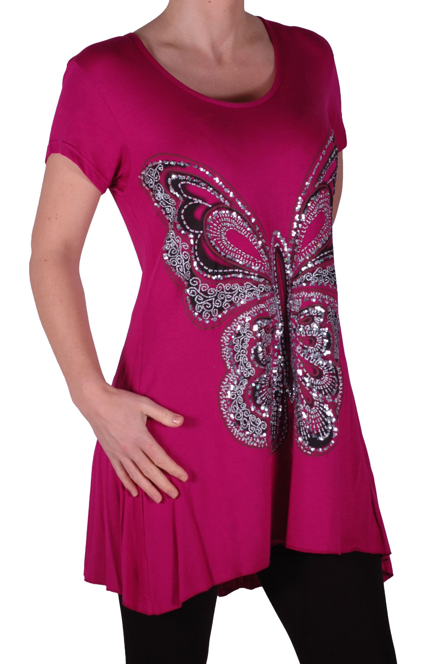 Eye Catch Plus - Butterfly Motif Long Womens Short Sleeve Loose Stretch Ladies Top Magenta Size 14