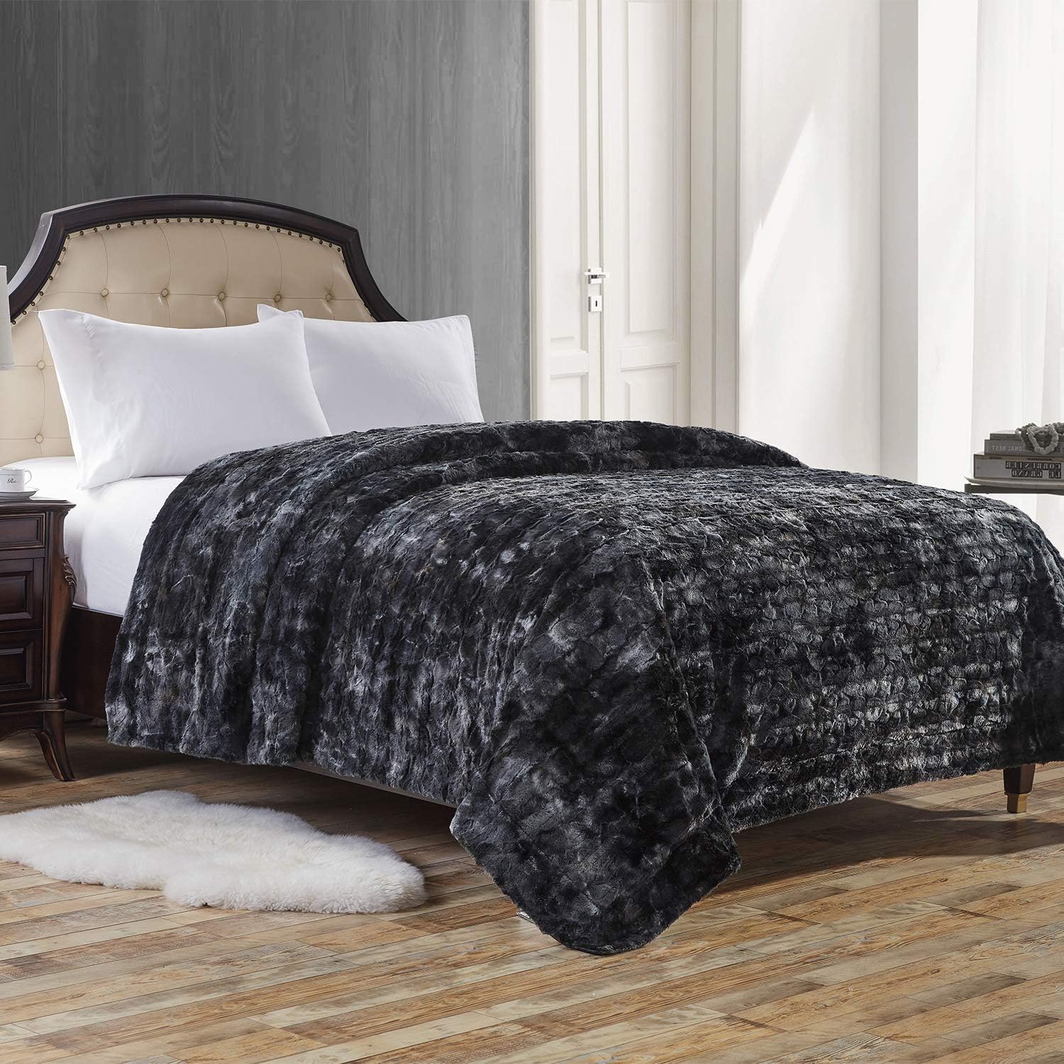 Faux Fur Bed Blanket Soft Cozy Warm Fluffy Variation Print Minky Falnnel Fleece Throw Blanket, Faux Fur Blanket Queen,Black,90"×90"