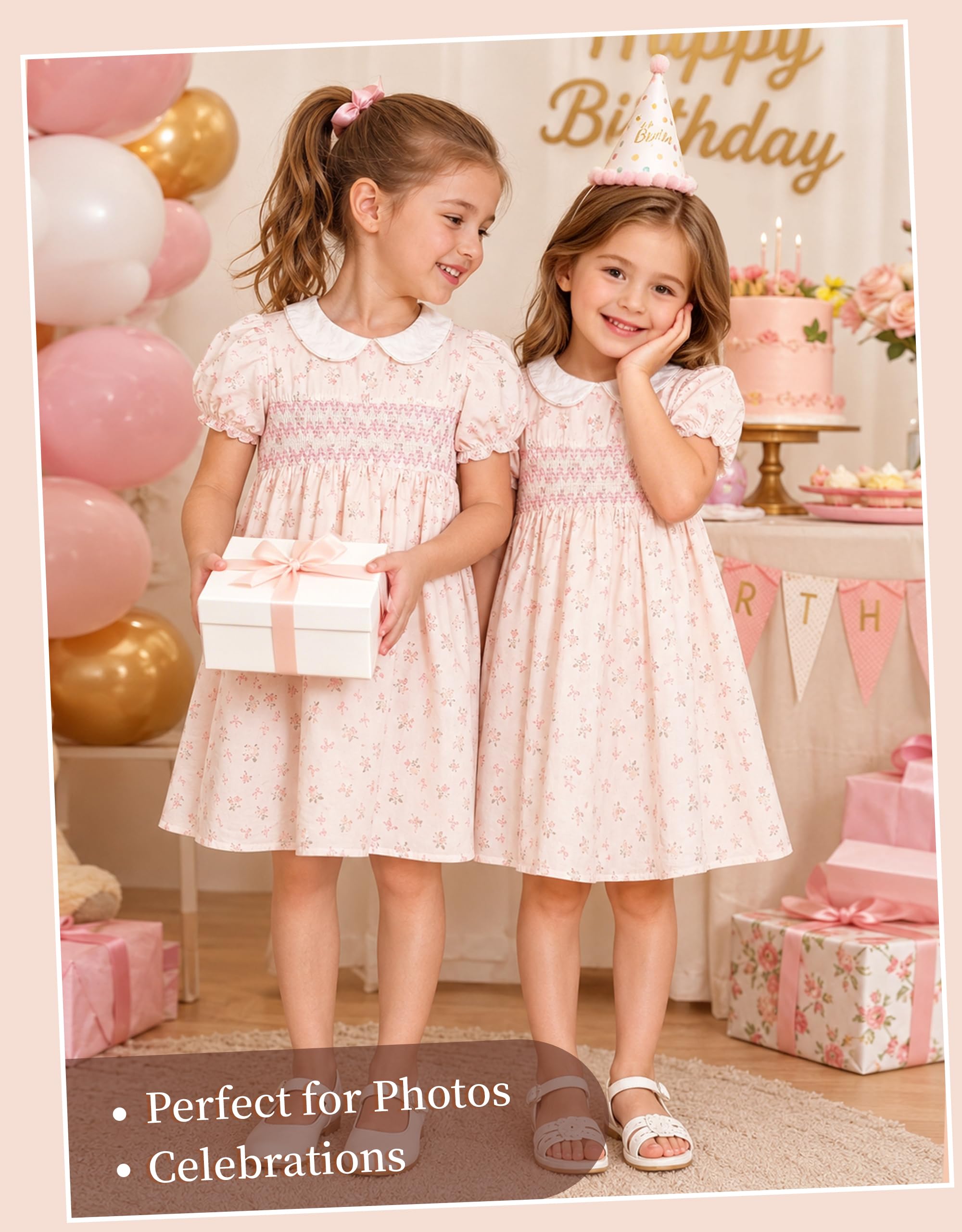 Miipat Robe à Fleurs Smockée Coton pour Petite Filles, Élégante Vintage Décontractée à Manches Bouffantes Princesse Été Robes Enfant