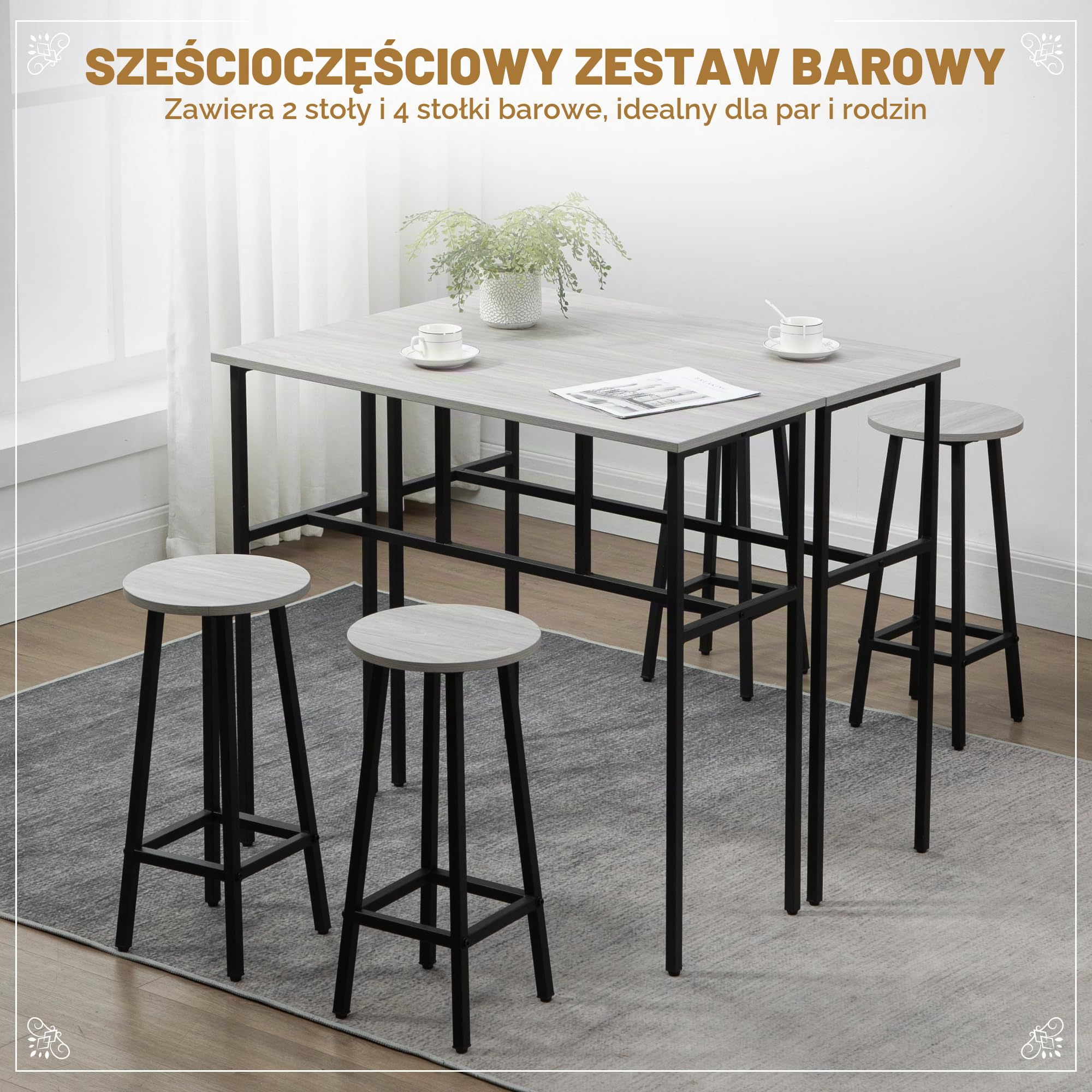 HOMCOM 6-cz. zestaw jadalny industrialny, 2 stoliki bistro, szary+czarny