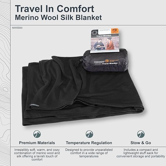 COCOON Merino Wool/Silk Travel Blanket - Black