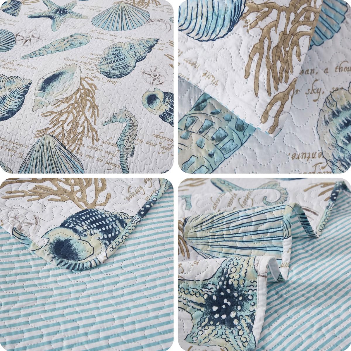 3 Pieces Beach Shell Bedspread King Size Ocean Theme Seashell Conch Summer Quilt Lightweight Thin Reversible Conch Shell Hippocampus Starfish Coral Printed Coverlet Set Coastal Bedding-Blue White