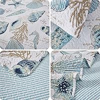 Vista 4 de 3 piezas de colcha de conchas de playa tamaño individual con tema oceánico, conchas de mar, concha de verano, colcha ligera y delgada reversible