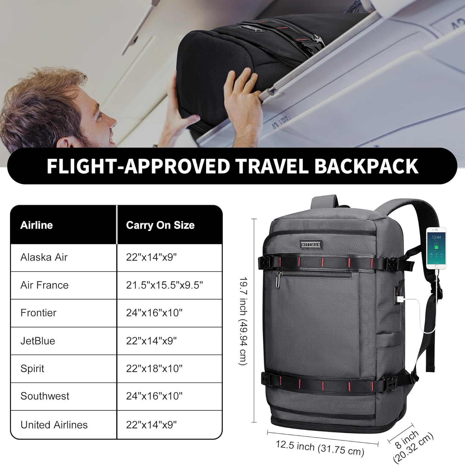 WITZMAN Travel Backpack for Men 35L Carry-on Laptop Backpack Luggage Fit 16 inch TSA Friendly Flight Approved with Shoe Compartment for Airplanes(B718 Silvery Grey) - Image 6