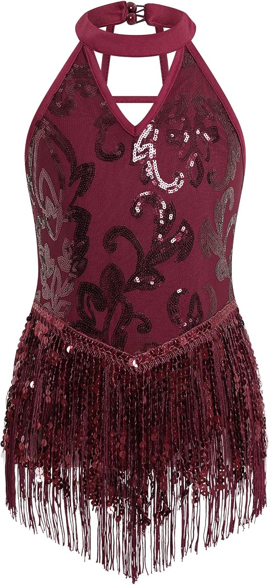Ropa de baile con flecos y flecos de lentejuelas con flecos para niña Leotardo con tirantes en la espalda Halter V-Neck Latin Jazz Hip Hop Dancewear
